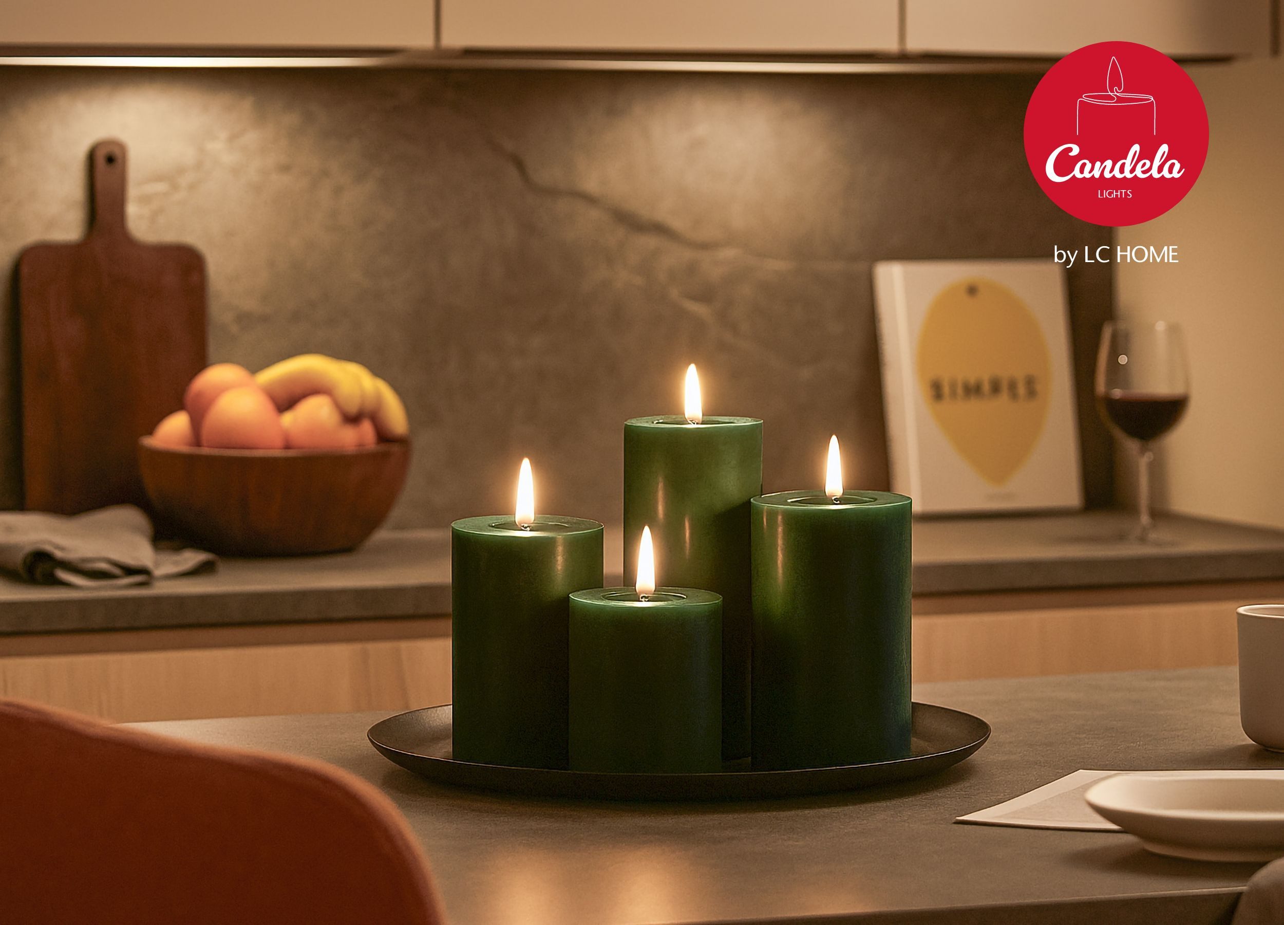 LC Home LED-Kerze Candela Lights LED Kerzen 4er Set Stumpenkerze inkl. Kerzenteller