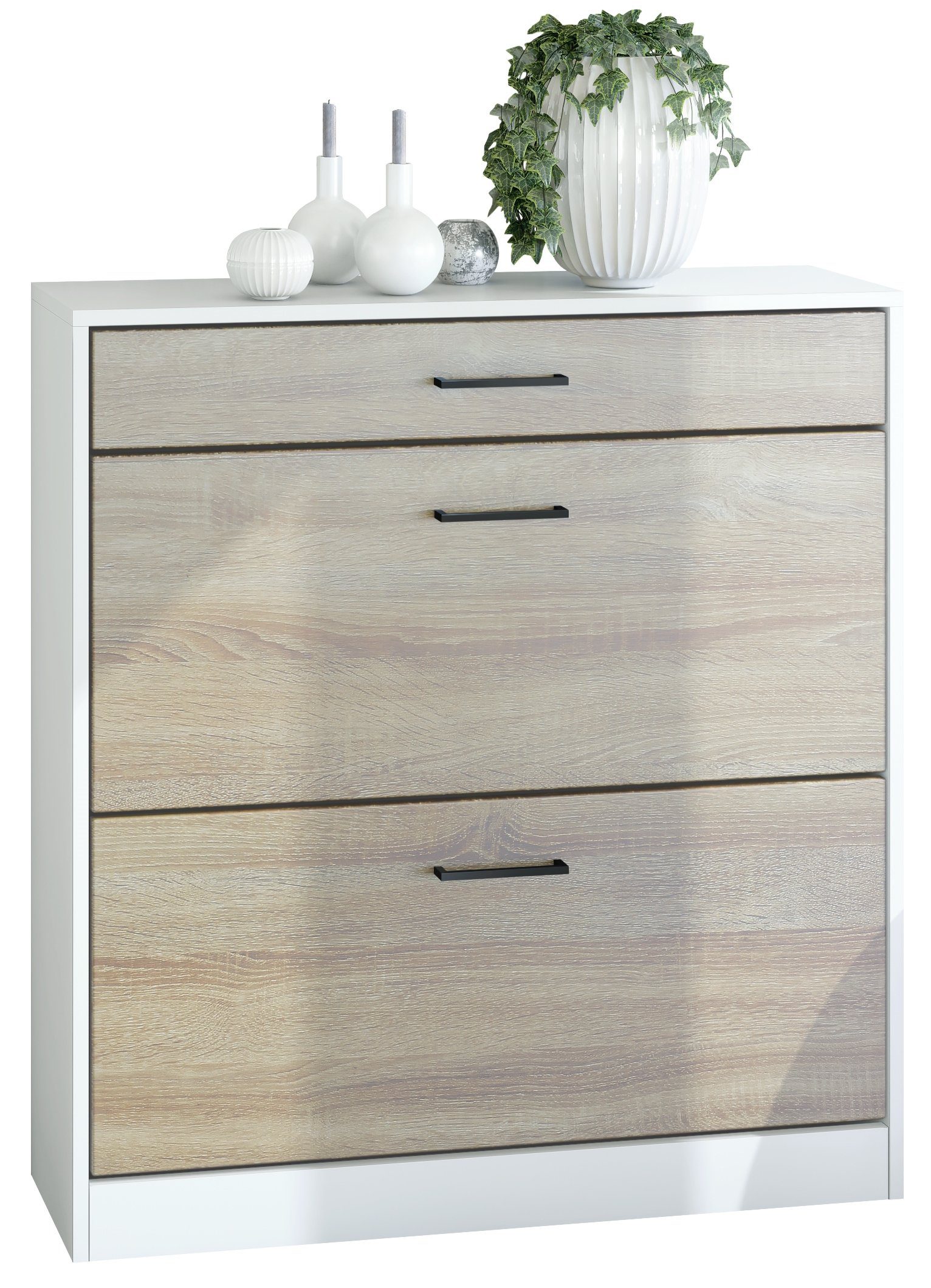 Vladon Schuhschrank Elvas (Schuhkipper, für 16 Paar Schuhe mit 2 Klappen und Schublade) Weiß matt / Eiche sägerau, (89 x 95,5 x 27 cm)
