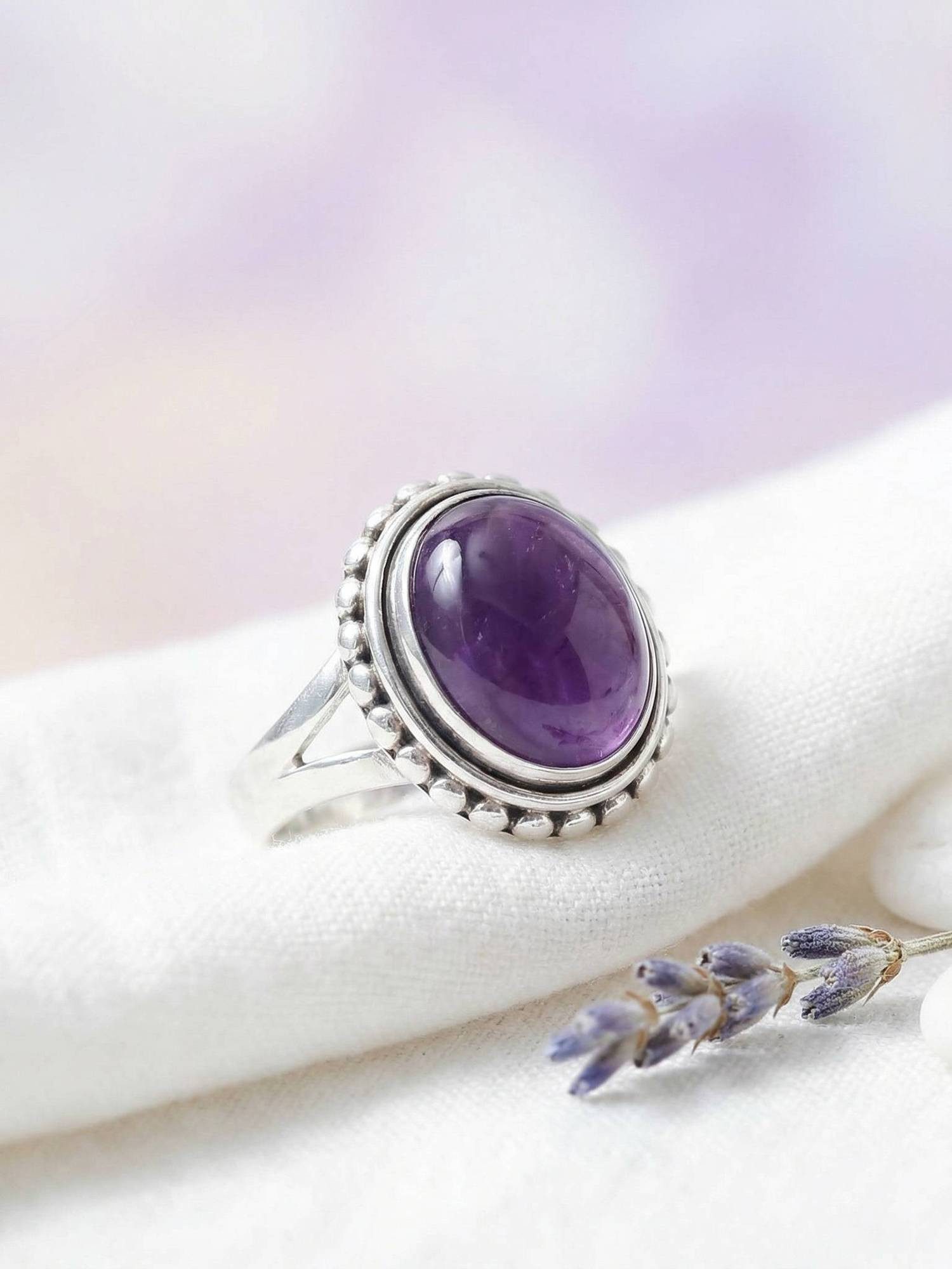 mantraroma Silberring GAMSA aus 925 Silber mit Amethyst (Ring mit Schmuckbeutel), Damenring aus 925er Silber