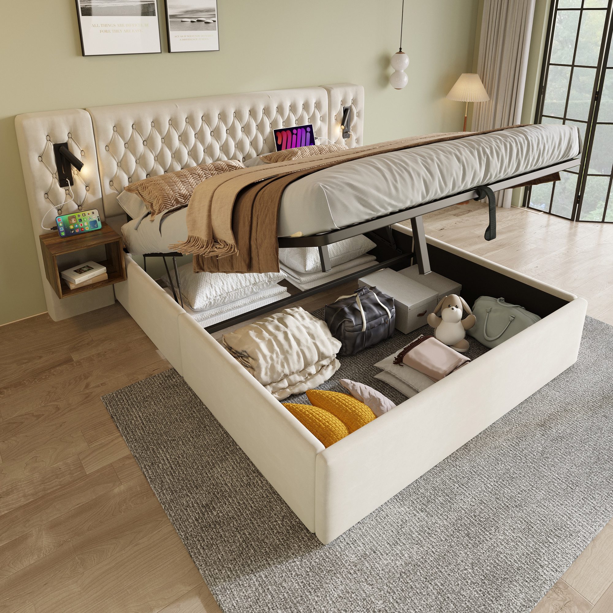 Flieks Polsterbett, Hydraulisches Doppelbett 180×200cm 2 Nachttische Leselicht USB-Laden