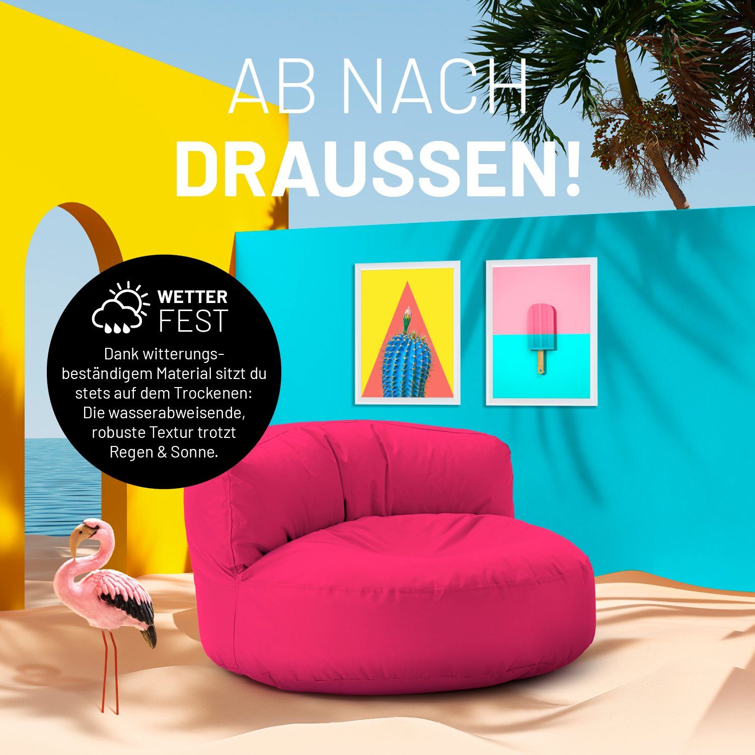 Sofa In-& Rückenlehne Sitzsack Round pink Outdoor Lounge, Sitzkissen Bean 90x90x50cm Couch inkl. Lumaland Bag