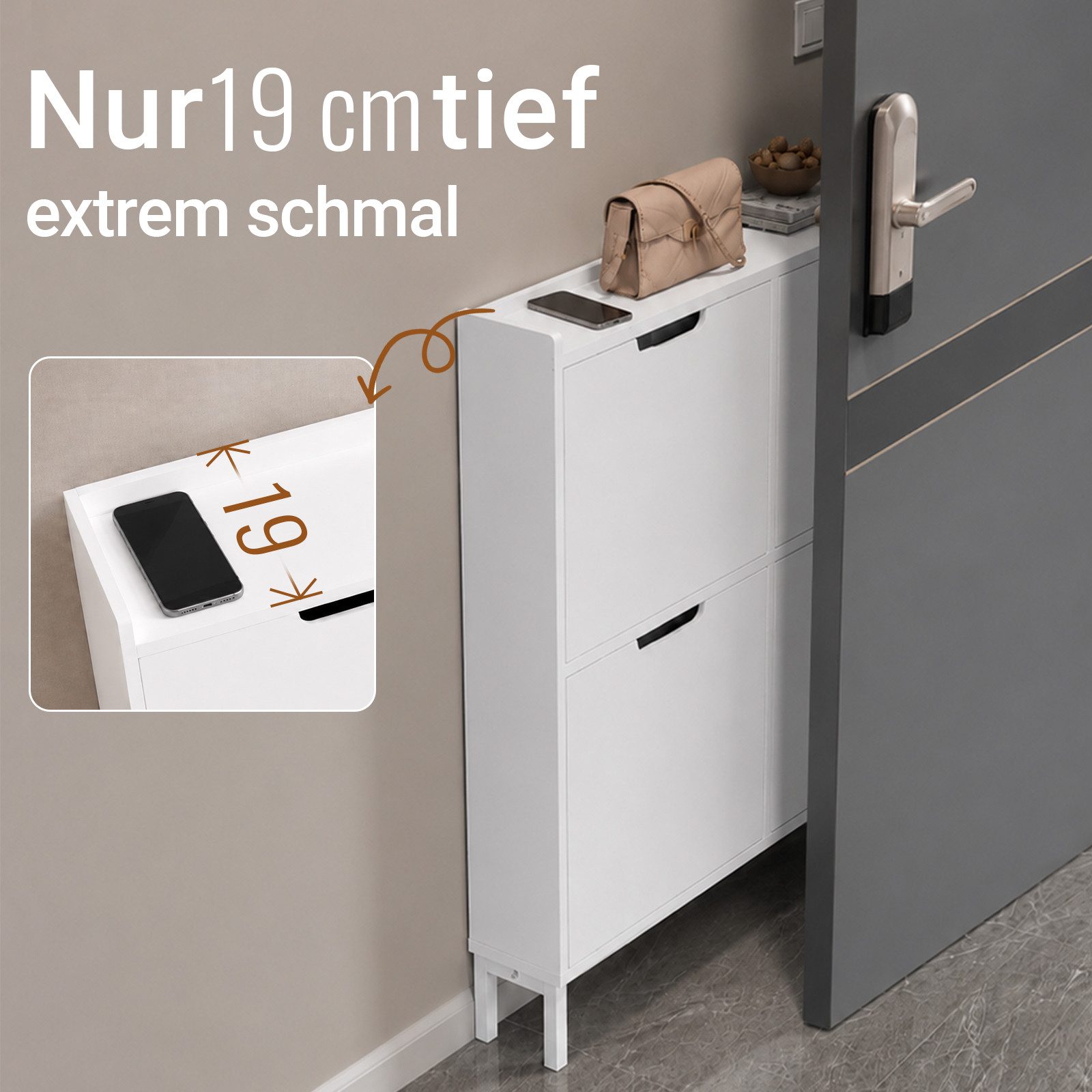 SoBuy Schuhkipper FSR100, Schuhschrank schmal mit 4 Klappen, Flurschrank Schuhregal, Schuhkipper schmal, nur 19 cm tief, für Kleine Wohnungen, Enge Flure