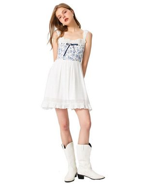 Minikleid Minikleid mit Spitzenbesatz Boho Sommekleid mit Blumen, weiß blau