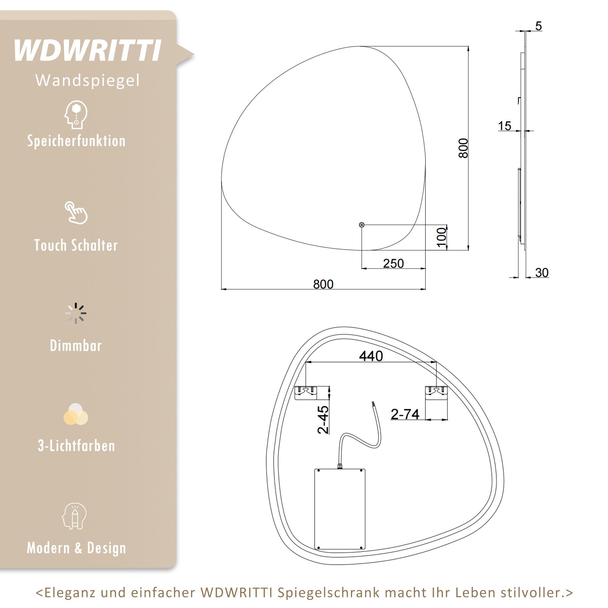WDWRITTI Dekospiegel Wandspiegel mit Beleuchtung LED Schminkspiegel Kosmetikspiegel groß (Flurspiegel Modern Rahmenlos, 80x80cm), Kalt/Neutral/Warmweiß, Dimmbar, Speicherfunktion