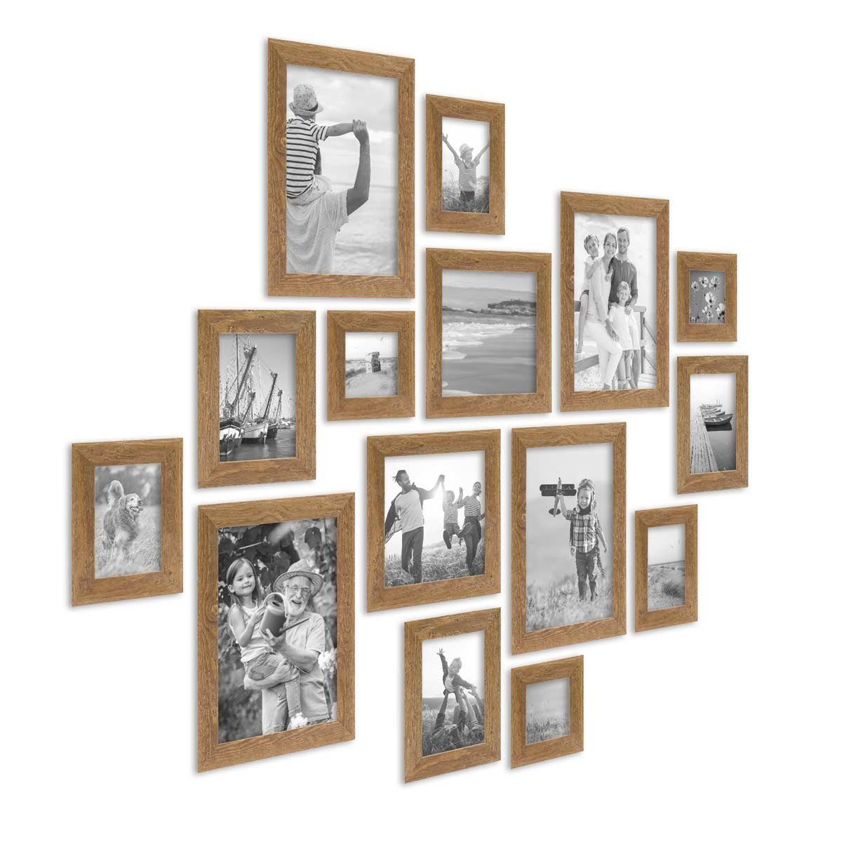 PHOTOLINI Bilderrahmen 15er Set Strandhaus Rustikal 10x10 bis 20x30 cm Natur Massivholz, für 15 Bilder (15er Set)