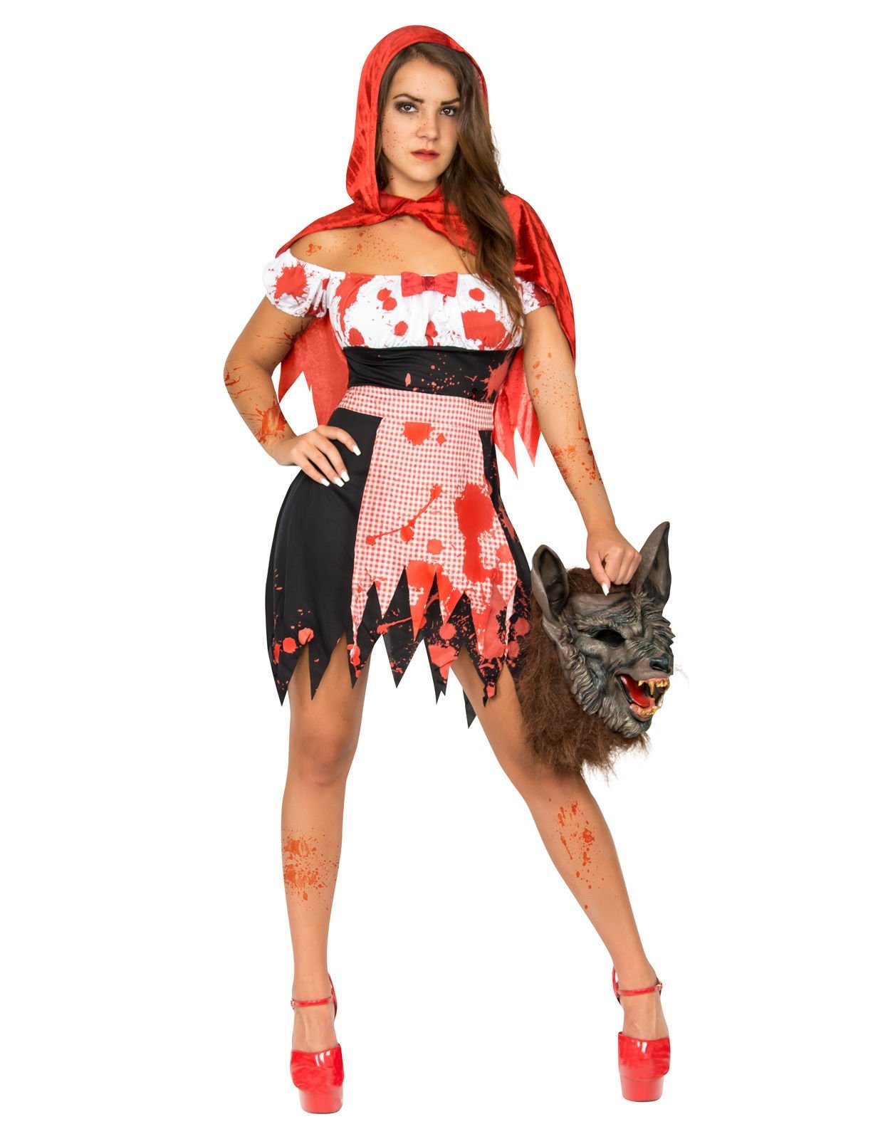 Kostüm Zombie-Rotkäppchen Halloween-Damenkostüm rot-weiss-schwarz