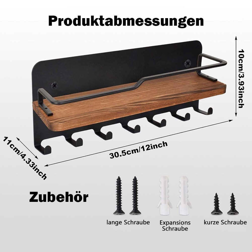 TUWENA Wandhaken Schlüsselbrett Holz mit Ablage, Schlüsselablage Wand mit 7 Haken, Schlüsselbrett Organizer für Eingang, Flur, Schlafzimmer, Wohnzimmer