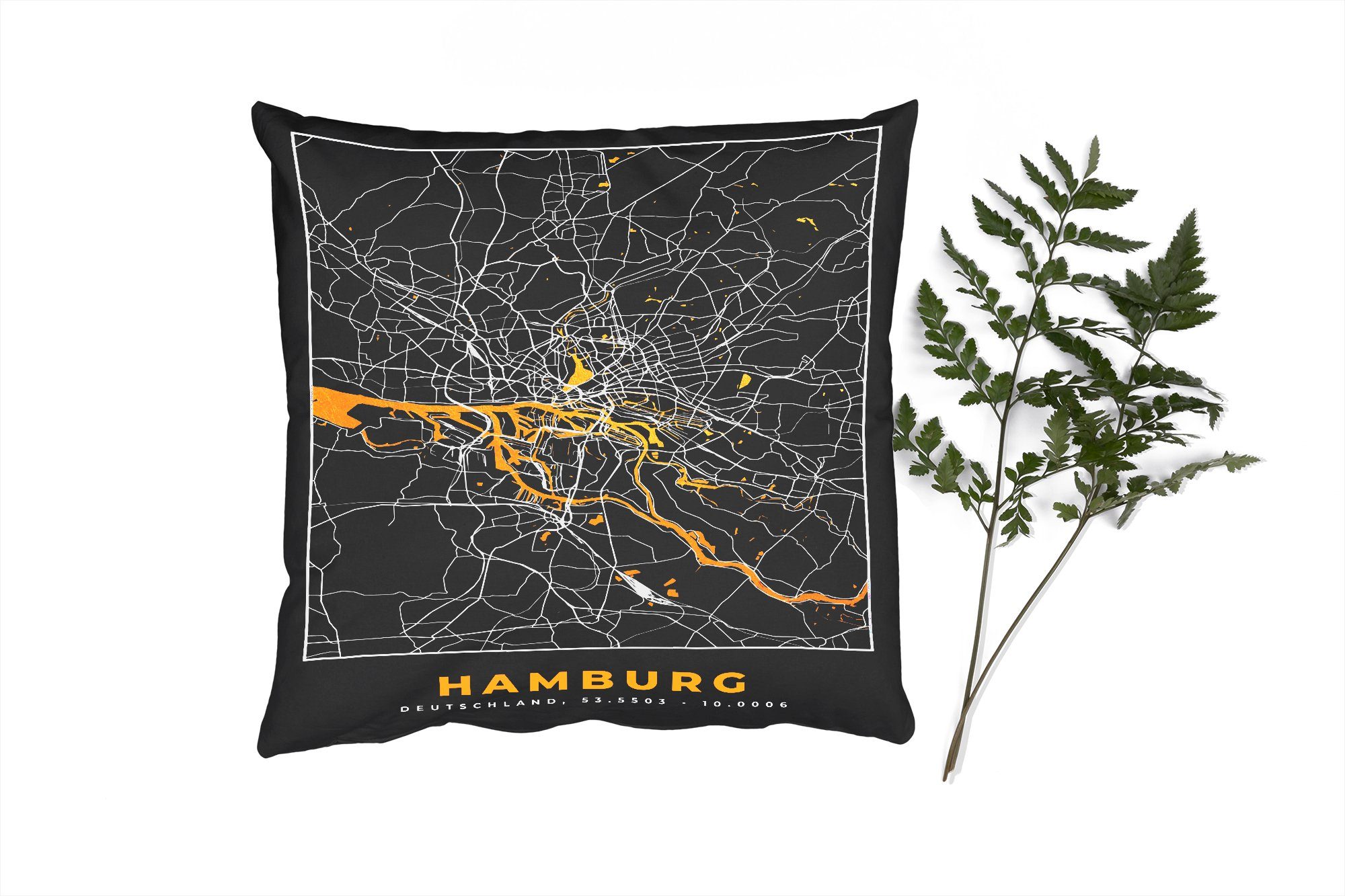 MuchoWow Dekokissen Hamburg - Deutschland - Karte - Gold - Stadtplan, Zierkissen mit Füllung für Wohzimmer, Schlafzimmer, Deko, Sofakissen