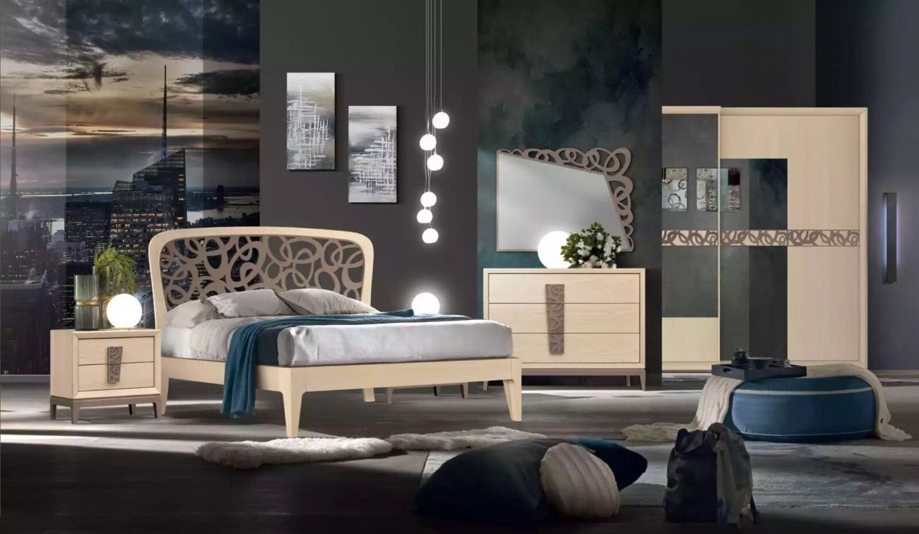 JVmoebel Kommode Schlafzimmer Set 3tlg Luxus beige Design + Kommode Spiegel Spiegel), in 1x Italy Kommode St., Made (2 1x Möbel