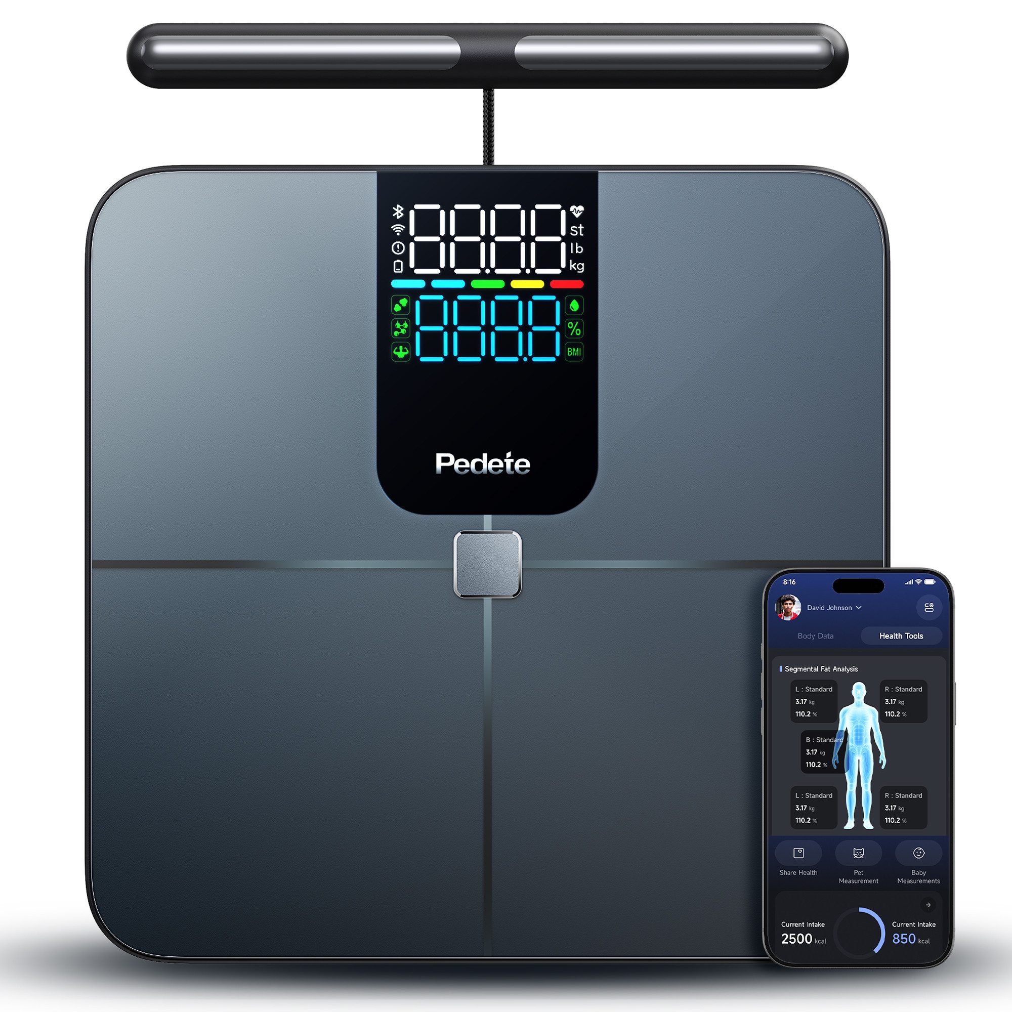 OYLCDI Körper-Analyse-Waage Messung von Körperfett, Muskelanteil, Kalorienanzeige usw., mit App zur Übertragung und Tracking der Messwerte, präzise Ganzkörpermessung
