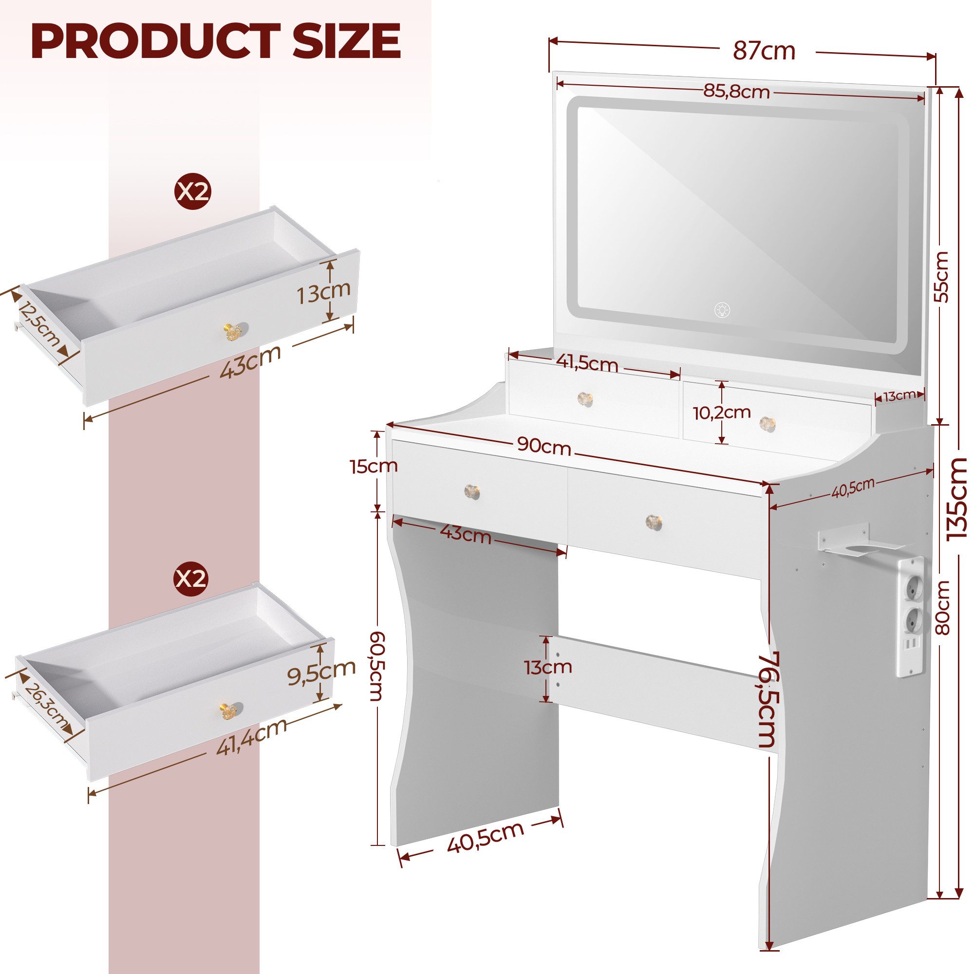 GLIESE Schminktisch mit LED Beleuchtung, Föhnhalterung, Spiegel (1-St., Frisierkommode), 2 Steckdose + 2 USB, Stufenloser Dimmfunktion, 87x40,5x135cm