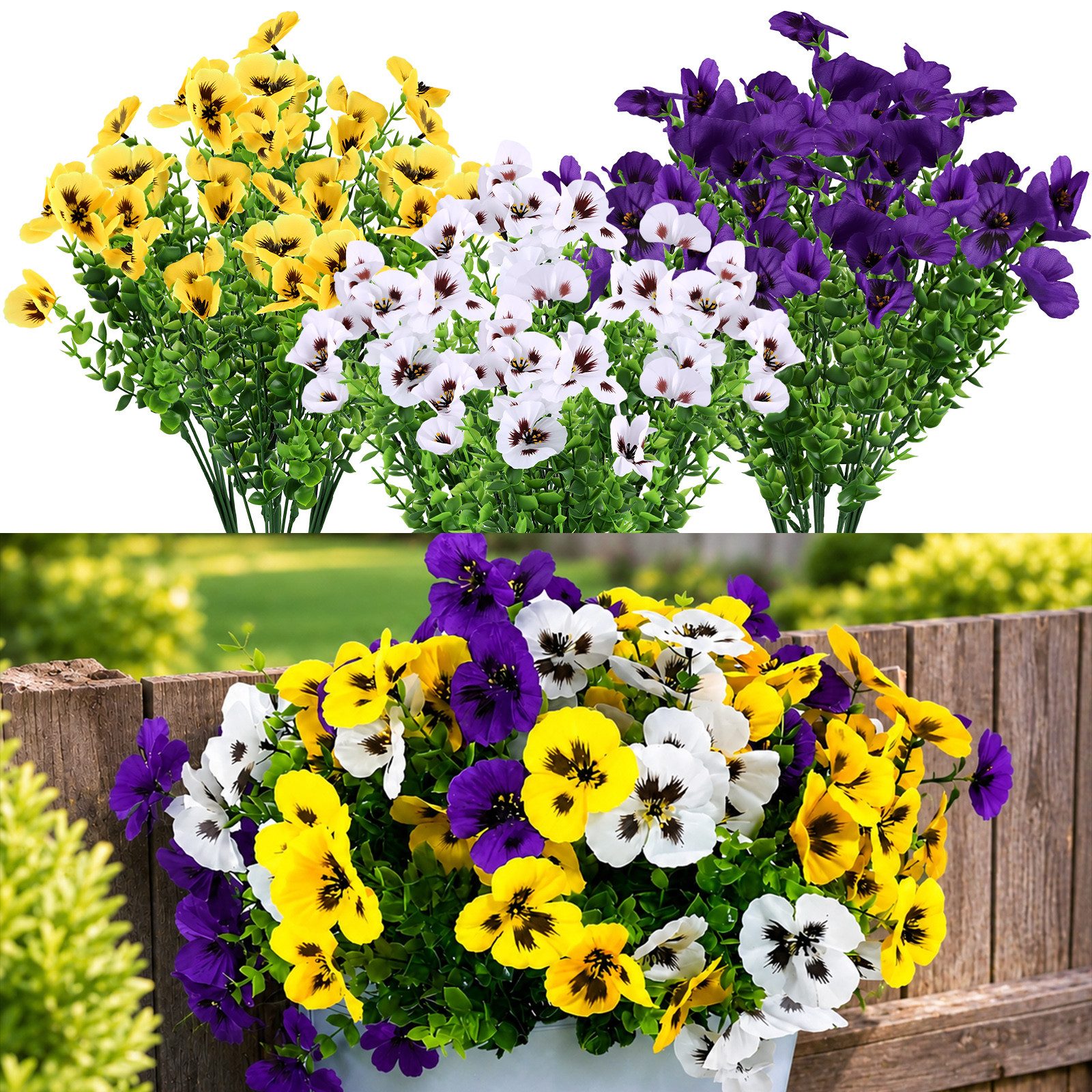 Kunstblumenstrauß 12 Bündel künstliche Blumen wie echt, UV‑beständig, pflegeleicht Prunkwinde / Stiefmütterchen, BlingBin, Höhe 35 cm, Kunstpflanzen für Außenbereich, Balkon und Balkonkasten