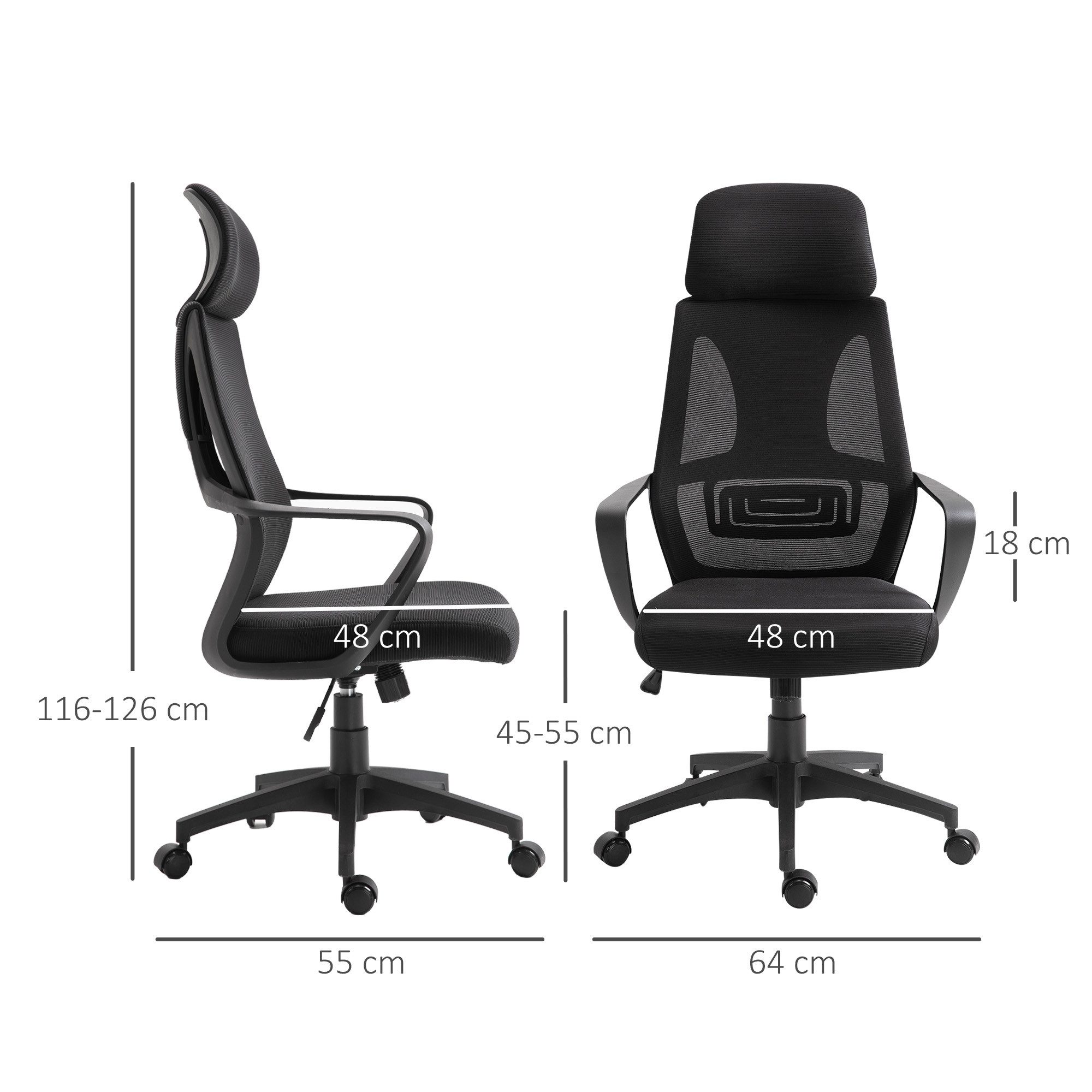 Vinsetto Bürostuhl mit Wippfunktion, Kopfstütze, Lendenstütze (höhenverstellbarer Schreibtischstuhl, 1 St), mit Netzstoff-Optik, Schwarz