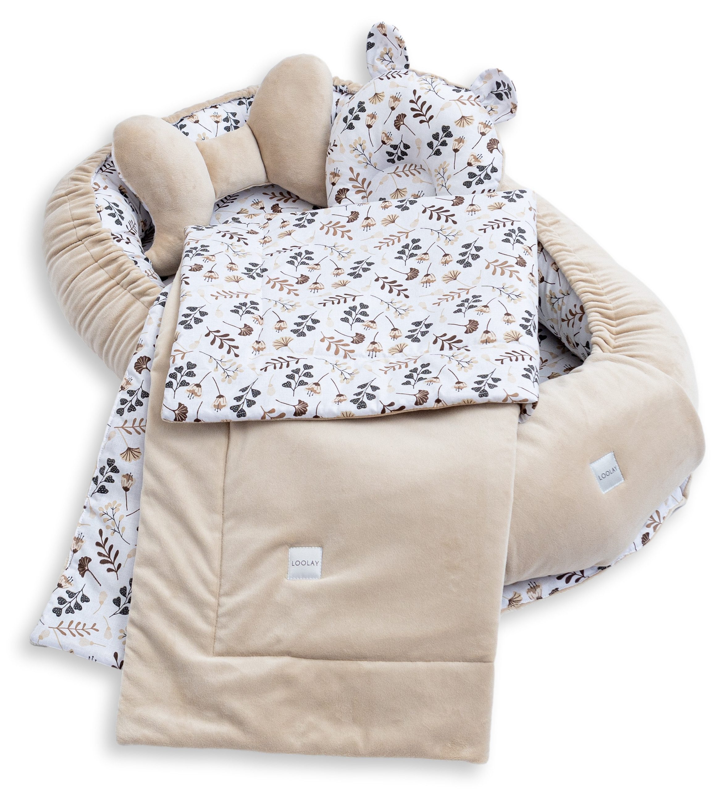 Loolay Kuschelnest BABYNEST 5 TLG. Set PREMIUM Babyausstattung Baumwolle & Samt Velours, (MUSTER: BEIGE Samt Velour/ Blumen Braun, 5-tlg., Liebevoll handgefertigt Nestchen! Geborgenheit Komfort für Neugeborene), Premium Ausstattung - 100% Europäische Stoffe und Kleinserien-Nähen!