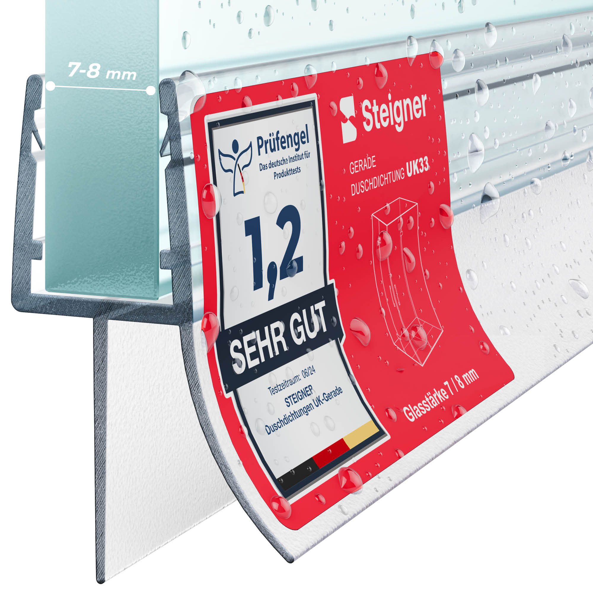 STEIGNER Duschdichtung Duschdichtung Gerade UK33-08 30 cm (1 Stk) Transparent 7-8 mm, L: 30 cm, (1 Stück Packung, Einzeldichtung), Dichtung für Eckeinstieg Dusche oder Fünfeckdusche mit Duschtür