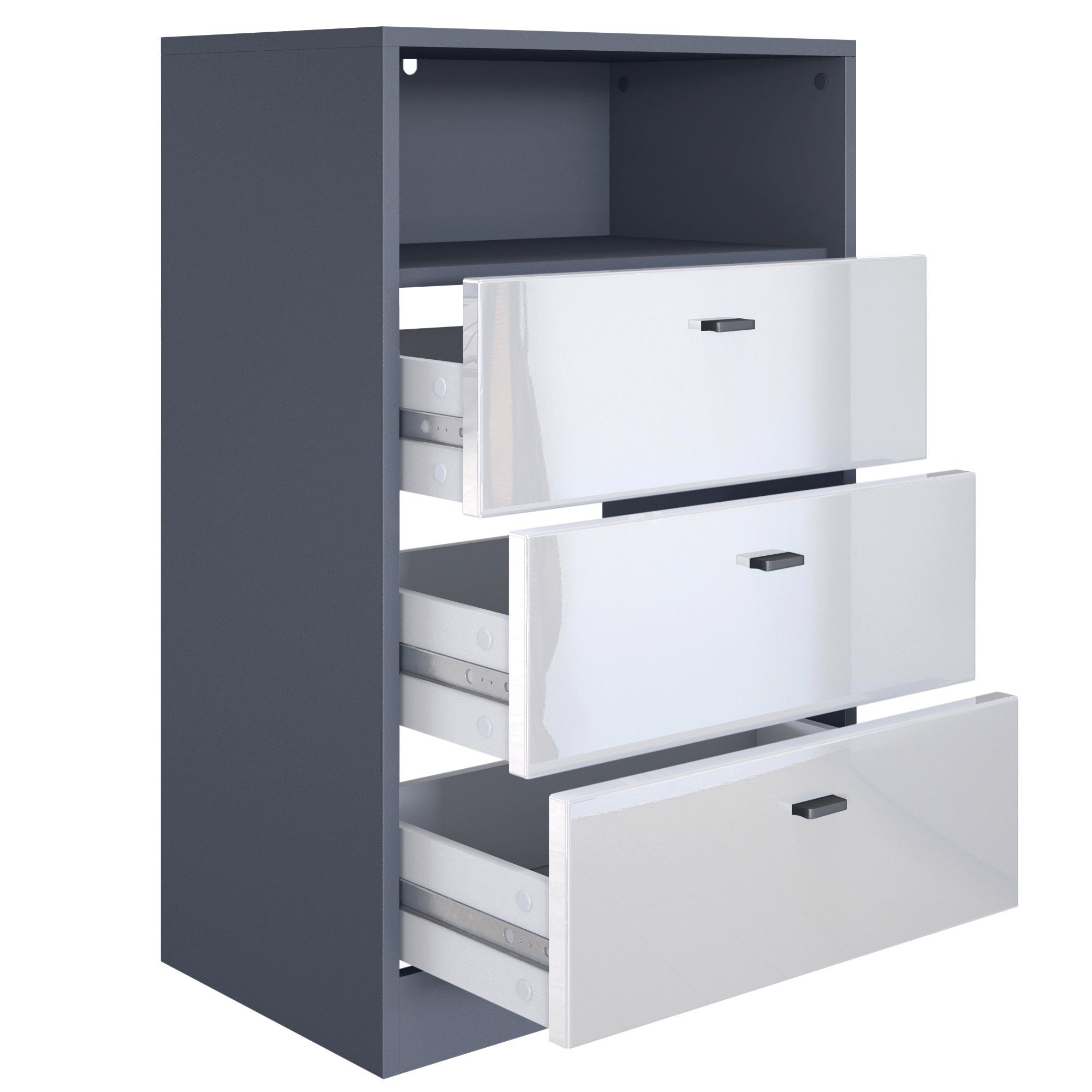 Vladon Kommode Pino V2 (Anrichte, mit 3 Schubladen & 1 offenem Fach), Anthrazit matt/Weiß matt (56 x 86,5 x 36 cm)