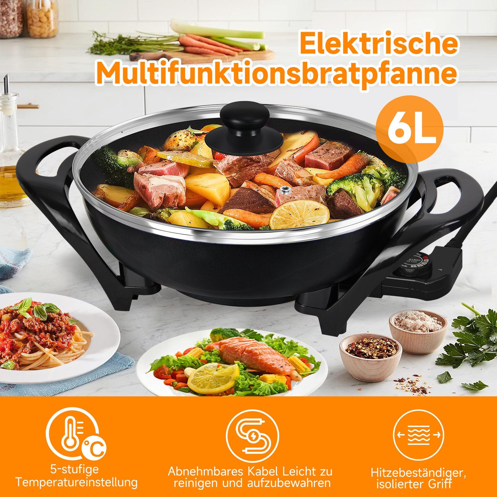 Scheffler Elektrische Wokpfanne Elektrische pfanne, 1500,00 W, mit Antihaftbeschichtet, Ø 27 cm, 1500 W