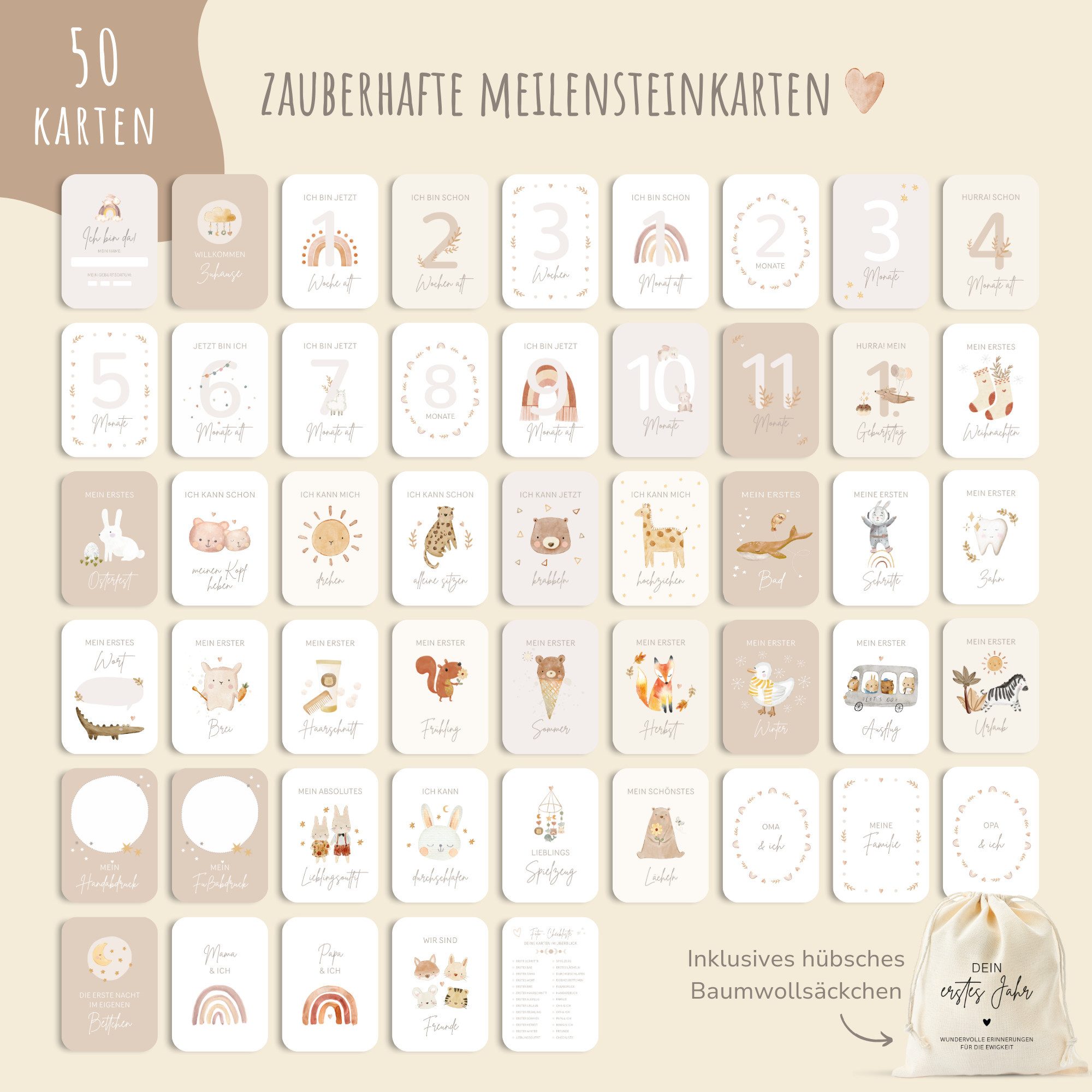MeinBaby123® Geburtskarte 50 Meilensteinkarten "Dein erstes Jahr" zum Ausfüllen, inkl. Baumwollsäckchen, Geschenk zur Geburt, Meilensteinkarten Baby