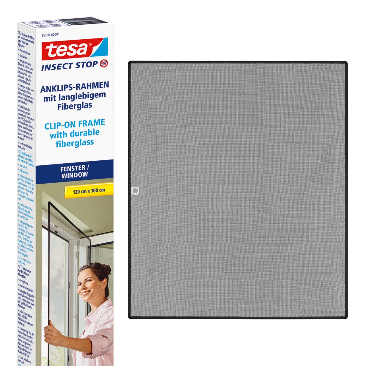 tesa Insektenschutz-Fensterrahmen Insect Stop Anklipsrahmen - Fliegengitter für Fenster, (Packung, 1-St., inkl. Fiberglas-Netz in Anthrazit, Rahmen und Halteklip-Lösung), Selbstklebende Halteklips, zuschneidbarer Rahmen, ohne Bohren