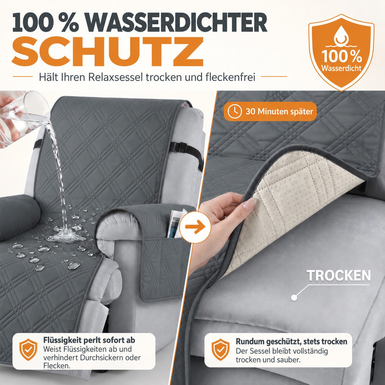 LEMLIT Sesselschoner Wasserdicht Sofabezug mit Seitentaschen,Anti-Slip 1 Sitzer, Sesselüberwurf Sessel überzug, Abnehmbar und Waschbar – Bild 5 von 5