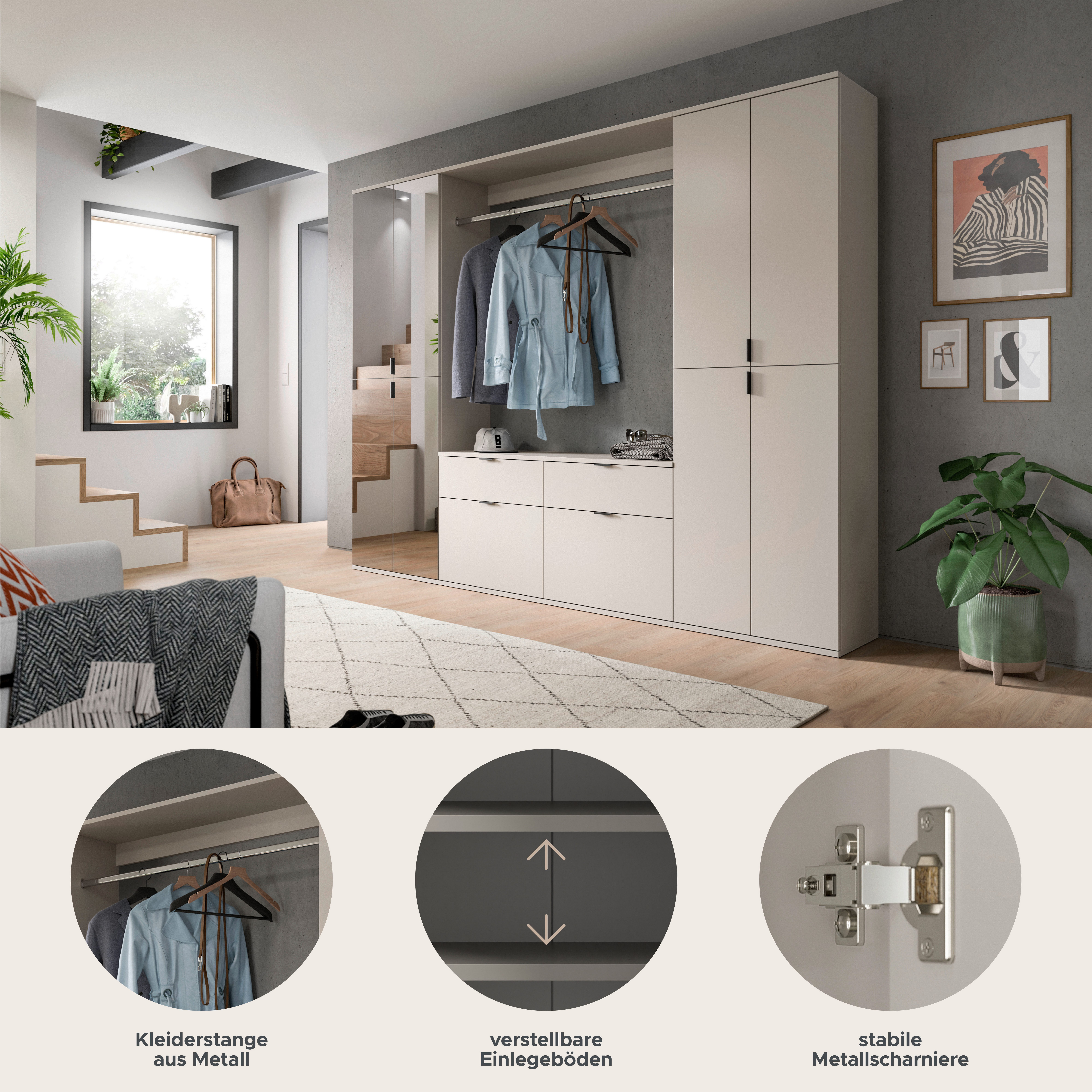Home affaire Garderoben-Set TRONDHEIM, 5-teilig, Breite 243cm, individuell platzier- & erweiterbar, (Set, 4-St., bestehend aus: 2x Garderobenschrank breit & 3-tlgs. Zwischenbauelement), Garderobenschrank, Kleiderschrank, Schrankkombination, Garderobe