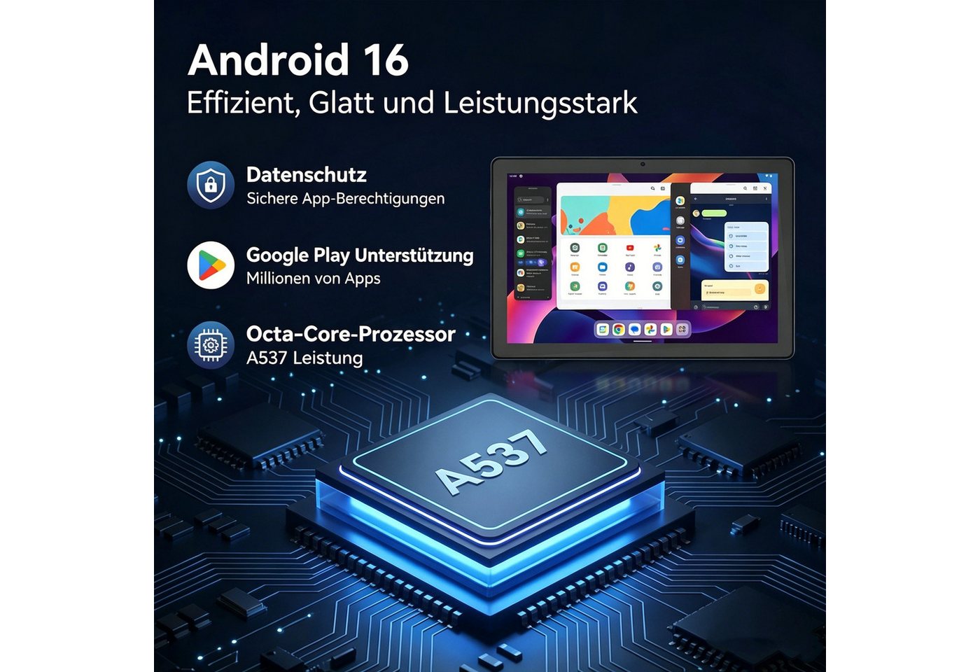 Happybe 10,1'' Octa-Core, 6000 mAh, HD 1280x800, 34GB/36GB RAM, 128GB/256GB Tablet (10.1", 256 GB, Android, Android 16, Gemini KI-Assistent, Widevine L1) schwarz
