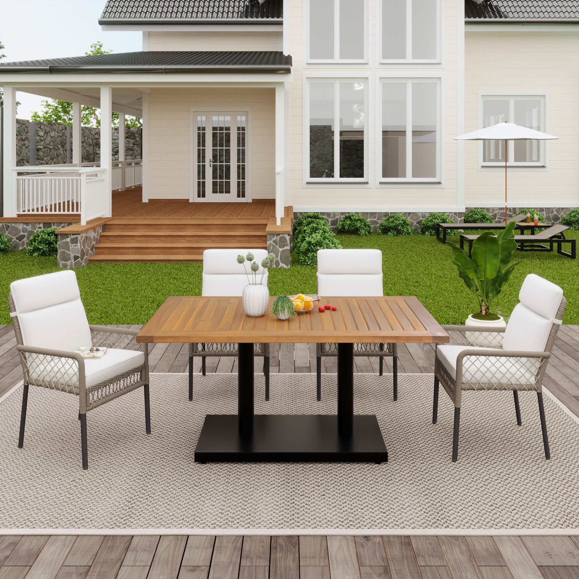 STILVORA Gartenlounge-Set 5-teiliges Garten-Essgruppe 4 personen Rattan Outdoor Gartenmöbel, (Balkonset Garten-Essgruppe, Gartenmöbel-Set, 5-tlg., 1 Tisch, 4 Stühle), Tischplatte aus massivem Akazienholz, Stühle mit PE-Rattanumwicklung