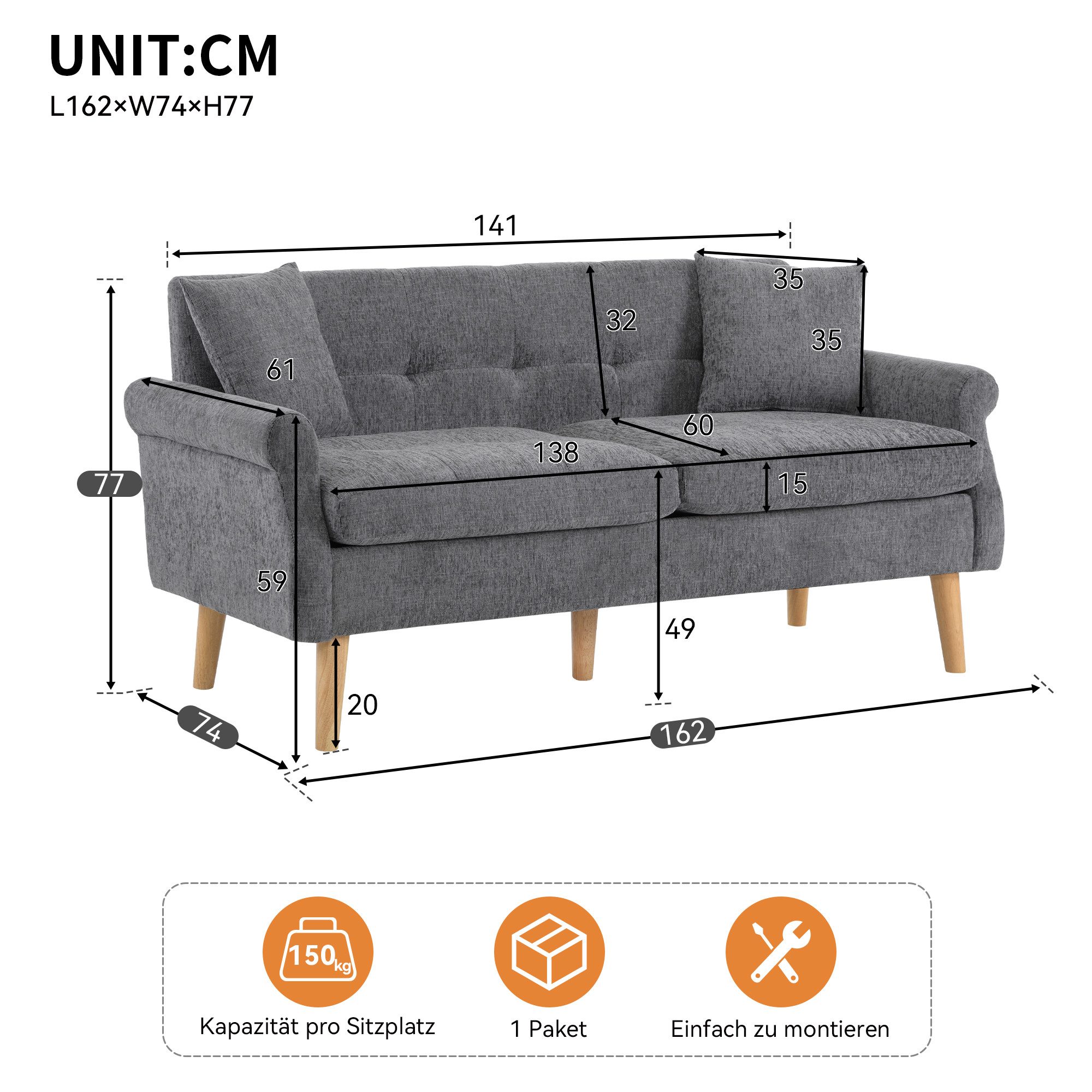 Furnishings Home 2-Sitzer Doppelsofa, Polstersofa,Chenille-Stoff, Sofa mit dicken Kissen, 1 Teile, Für Wohnzimmer, Schlafzimmer Wohnung usw Beige/ grau