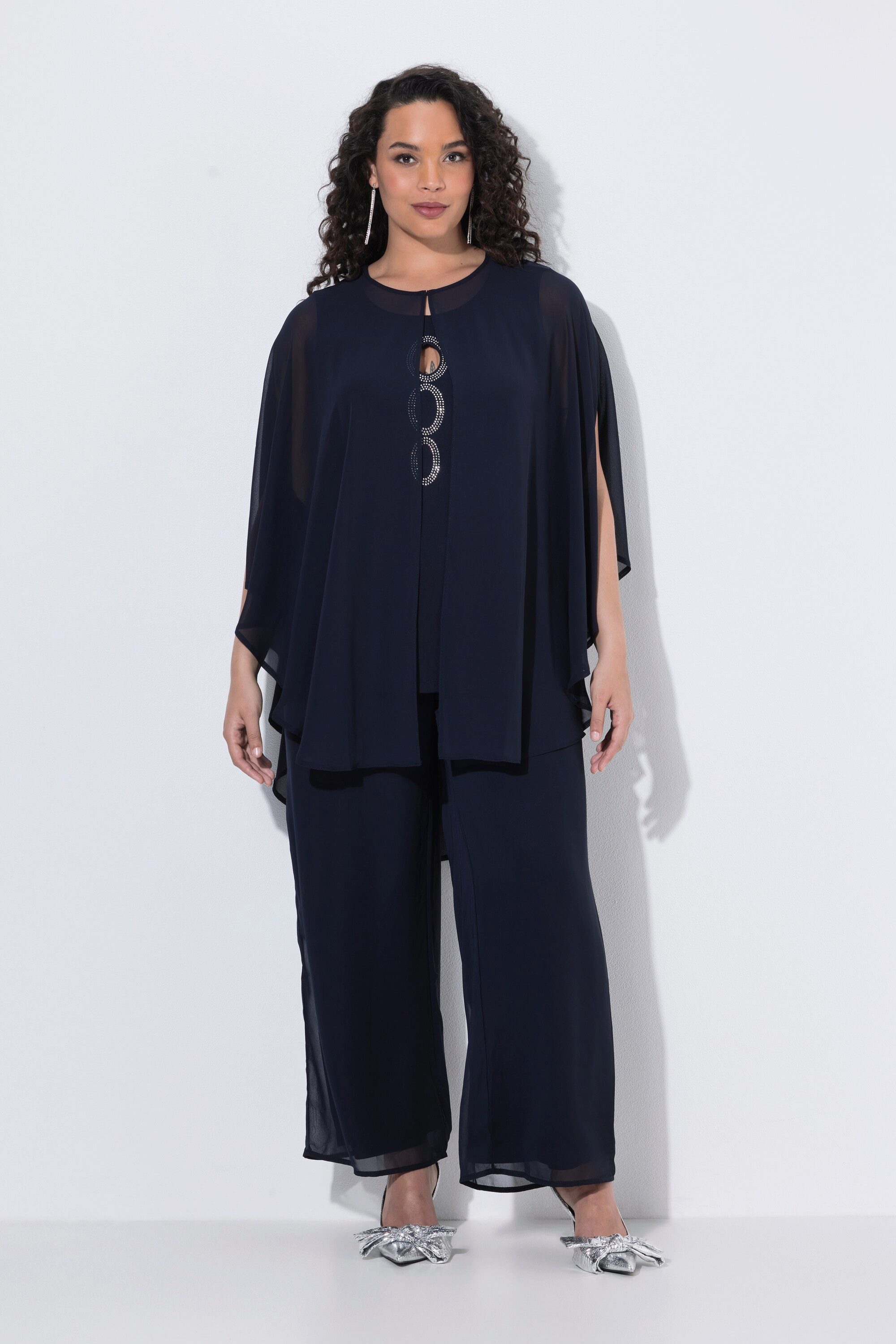 Ulla Popken Longbluse Chiffon-Bluse doppellagig Oversized Ziersteine