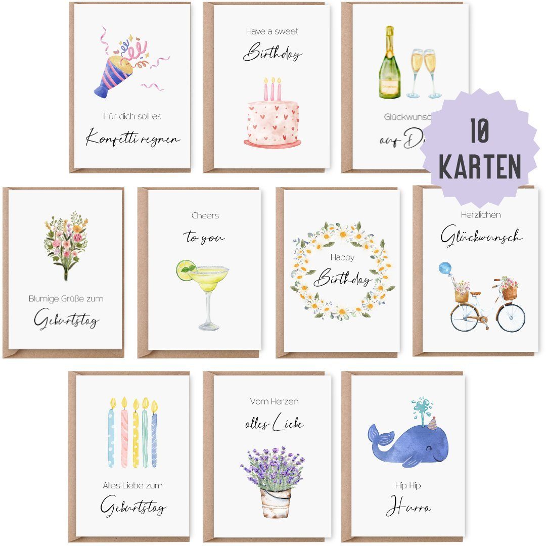 Geburtskarte Set 10 Geburtstagskarten, Glückwunschkarten Geburtstag