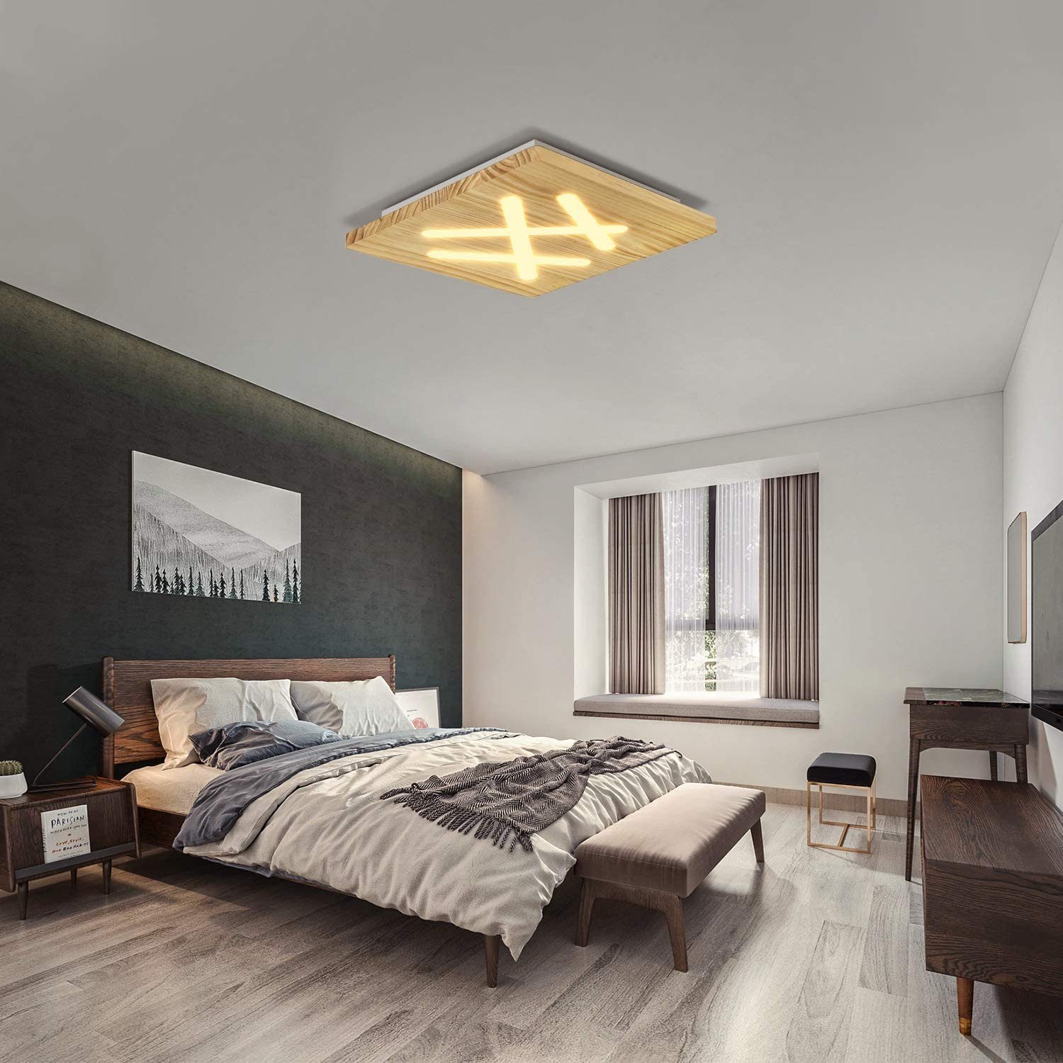 ZMH Holz fest integriert LED Flurlampe, Dimmer, Wohnzimmer 40cm Acryl LED Quadratisch Deckenleuchte