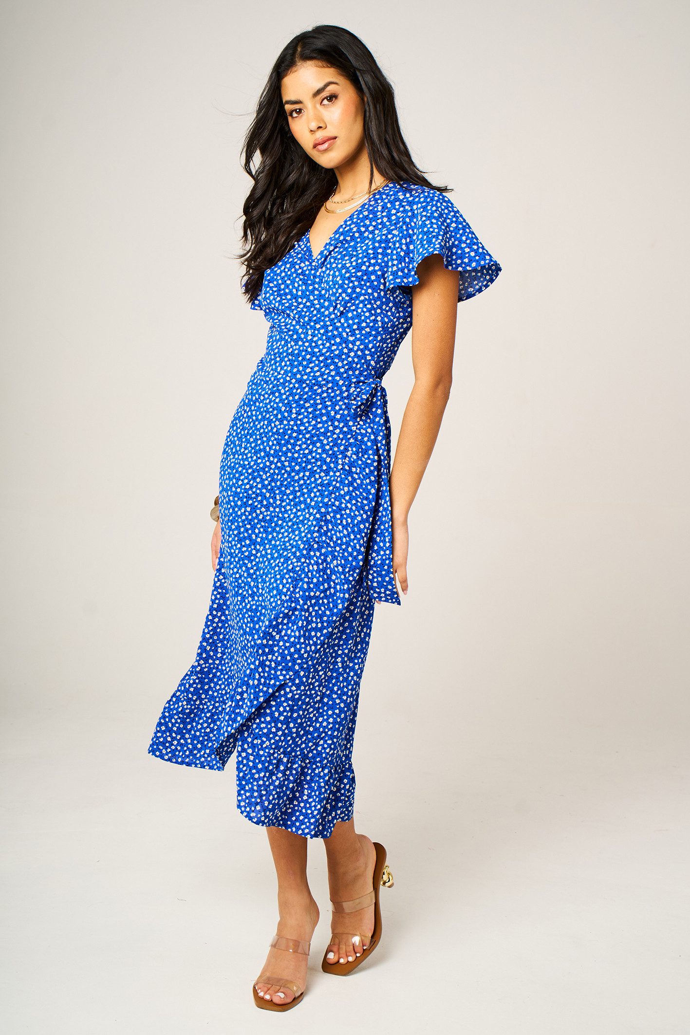 FS Collection Wickelkleid Damen Wickelkleid Sommerkleid Freizeitkleid Midikleid V-Ausschnitt (XS (EU:36 / UK:8) · S (EU:38 / UK:10) · M (EU:40 / UK:12) · L (EU:42 / UK:14) · XL (EU:44 / UK:16) Wickeloptik, Bindeband, Flügelärmel, Rüschensaum