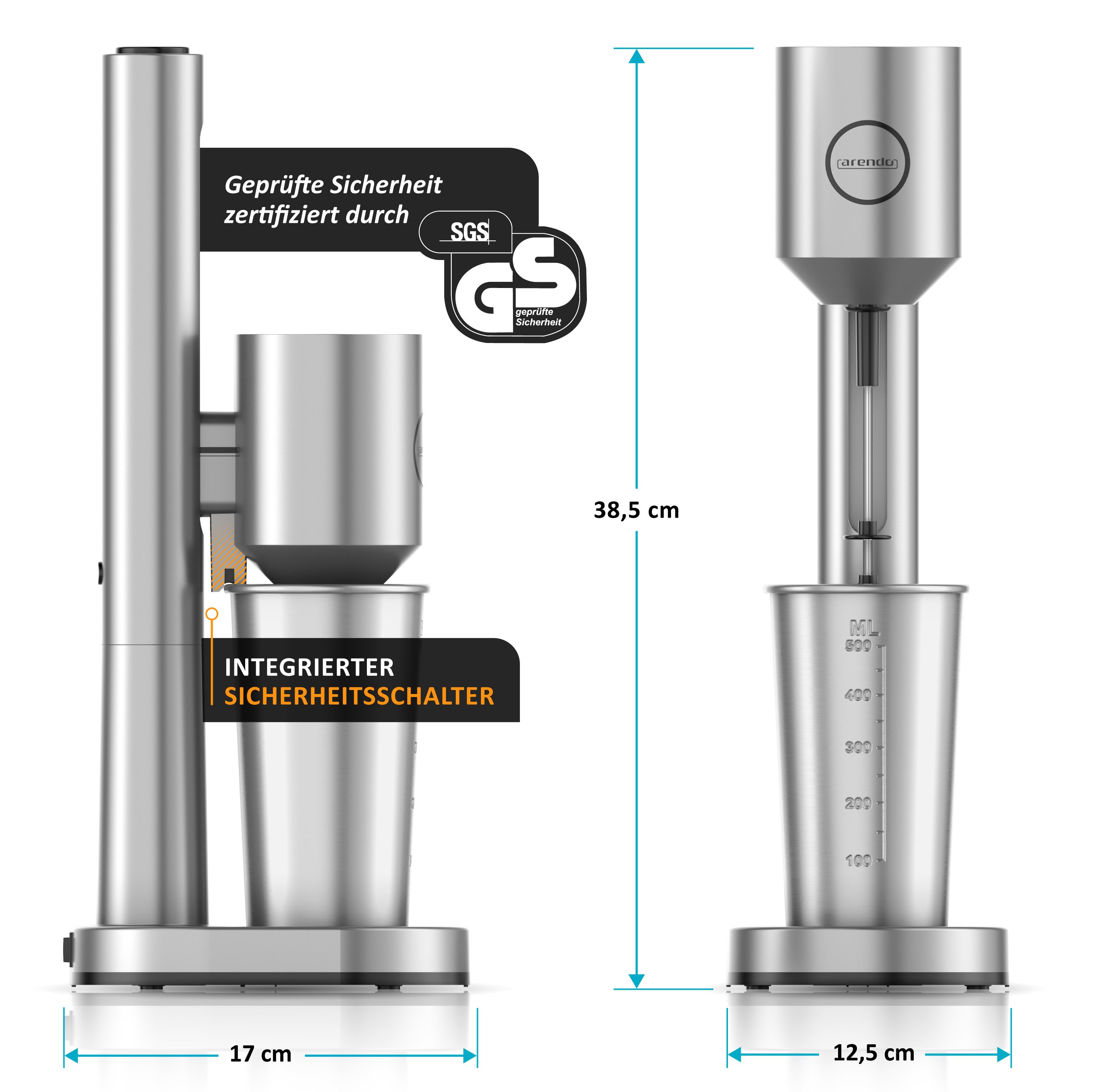 Arendo Standmixer Drink Mixer, elektrischer Getränkemixer, 500 ml Becher, 22.000 U/min, 100 W, Shaker für Protein Smoothies Eischnee Milchshakes Cocktails GS-Geprüft