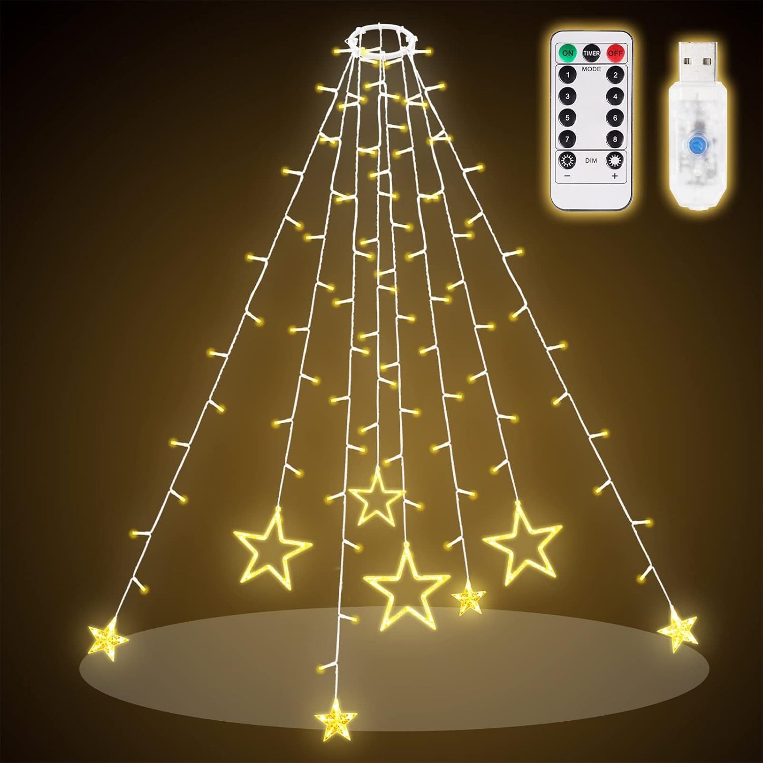 Salcar LED-Lichterkette Christbaumbeleuchtung mit Ring Sterne Lichterkette Weihnachtsbaum, 2M mit Fernbedienung und 9 Modi, Warmweiß