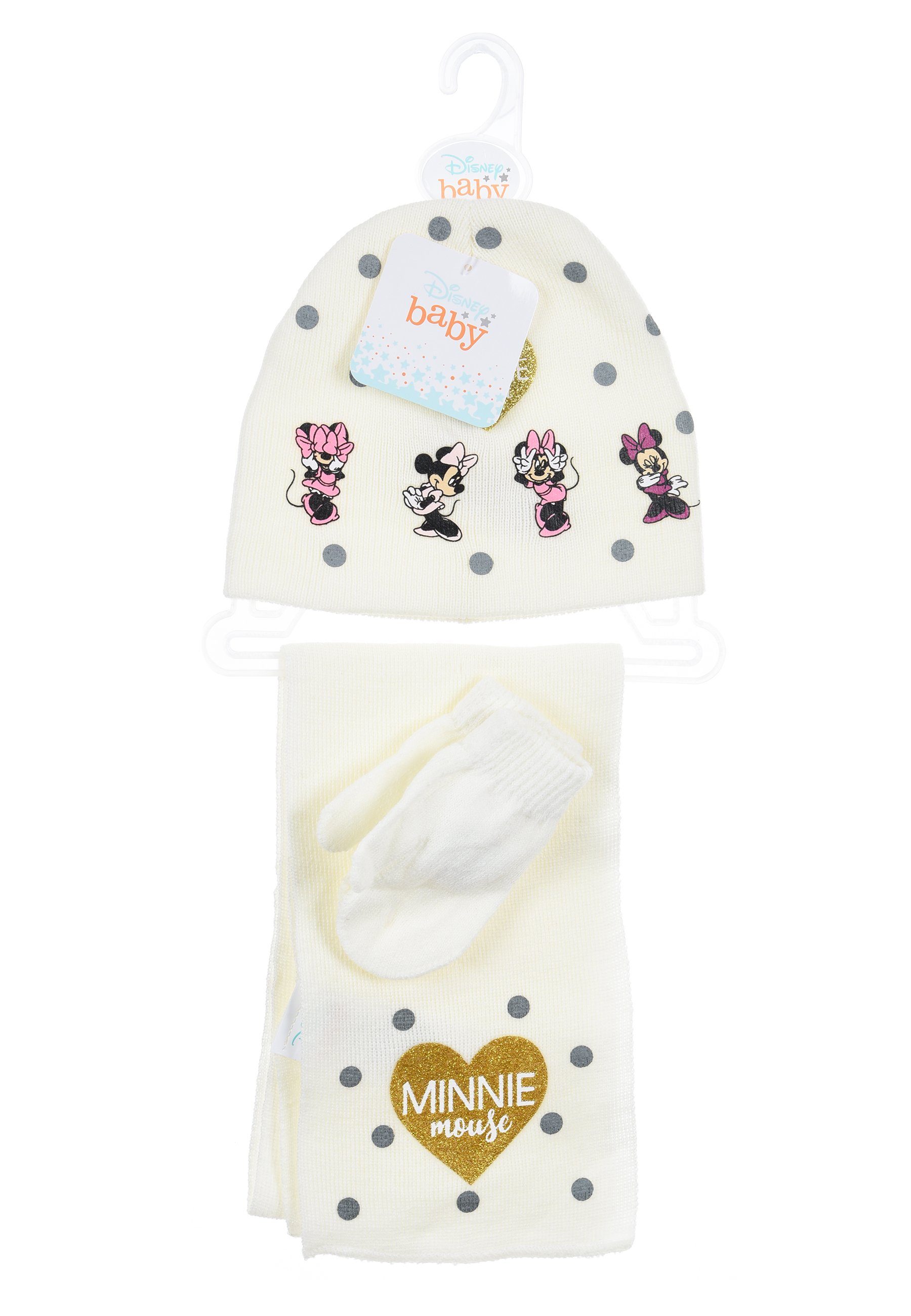& Beanie 3 Mädchen Mütze, tlg. Winter-Set Kinder Schal (SET) Minnie Mouse Handschuhe Disney Weiß
