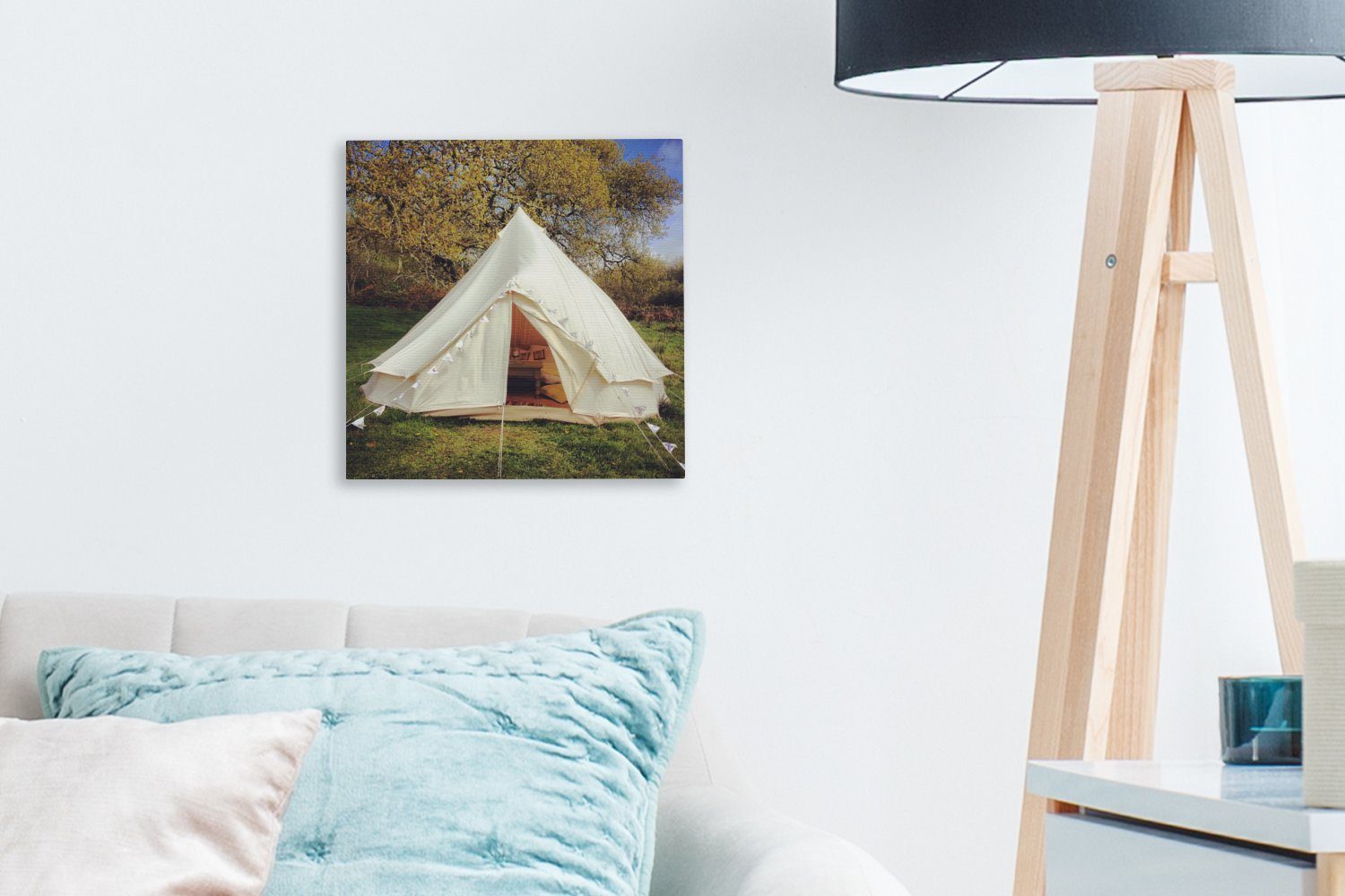 Wohnzimmer St), Leinwandbild Bilder Zelt (1 weißes Leinwand OneMillionCanvasses® Ein Schlafzimmer einem Feld, auf für