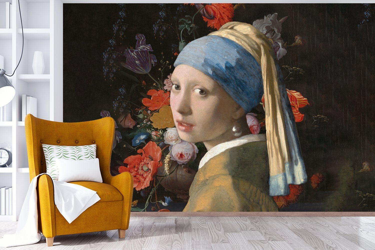 dem Fototapete Blumen, Kinderzimmer, Das Vermeer bedruckt, Wallpaper mit St), - Perlenohrring Wohnzimmer, für MuchoWow Vinyl Schlafzimmer, Tapete Mädchen Matt, - (6