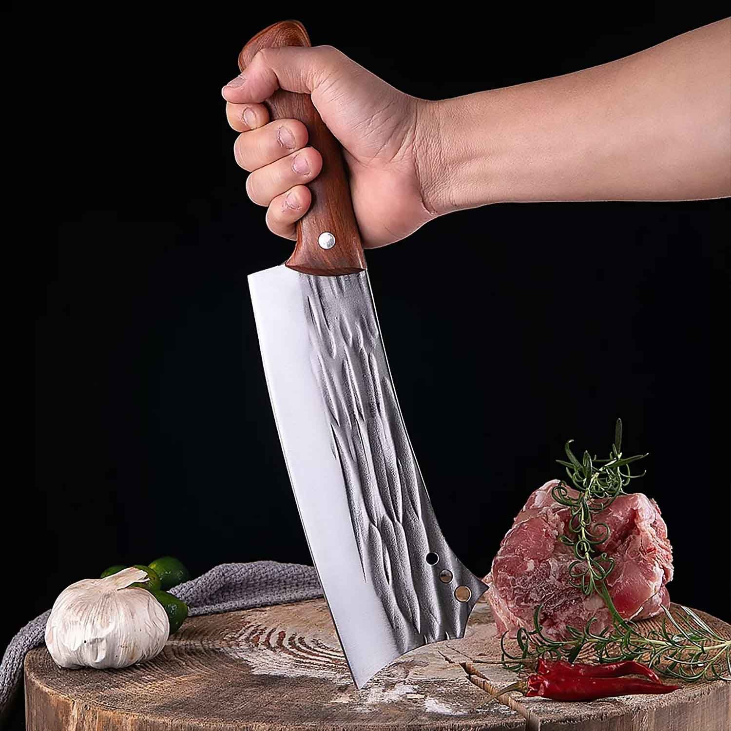 Muxel Kochmesser Schweres Hackmesser, Hackebeil und Knochenbeil. Dieses scharfe Kochmes, schwer mit Lederscheide