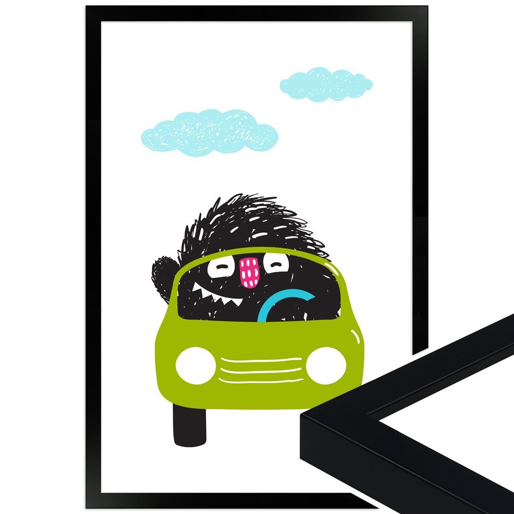 WANDStyle Bild mit Rahmen Monsterchen im Auto, süßes Poster fürs Kinderzimmer