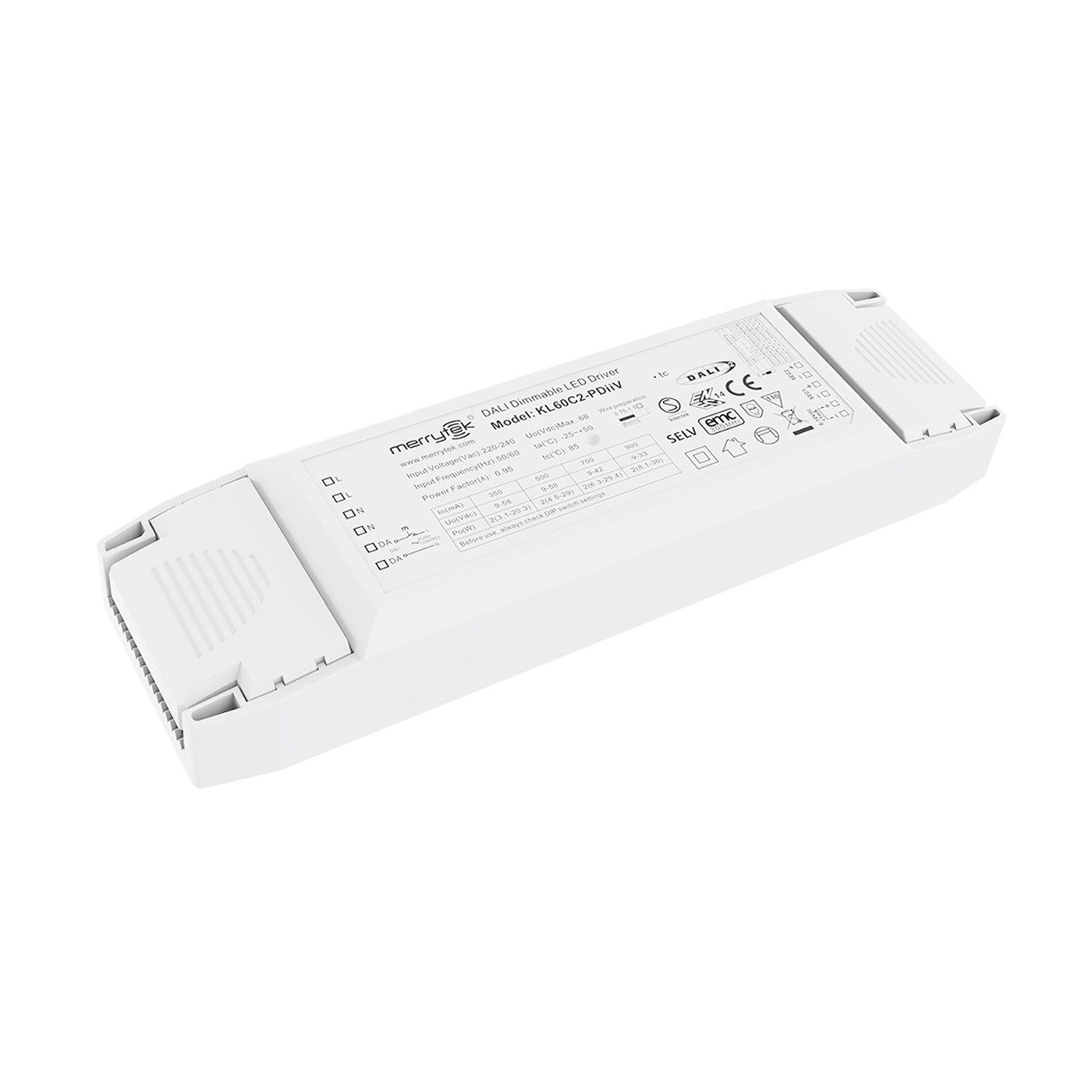 Merrytek KL60C2-PDiiV 60W LED-Treiber DALI DT6 1-10V PushDIM dimmbar IP20 LED Trafo (Flimmerfreies Dimmen, DALI DT6, 1–10V & PushDIM, PWM-Dimmung 3–8 kHz)