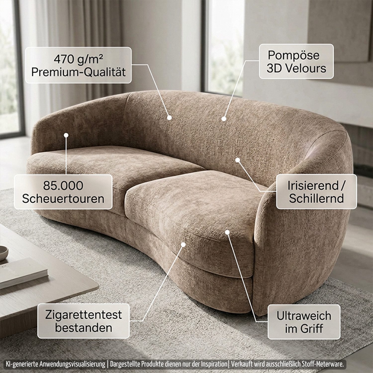 novely® Stoff VENEZIA Abverkauf, 3D-Relief Velours Möbelstoff Polsterstoff Seidengl, Schwer Entzündbar, Robust, Samtweich, Meterware, 1lfm