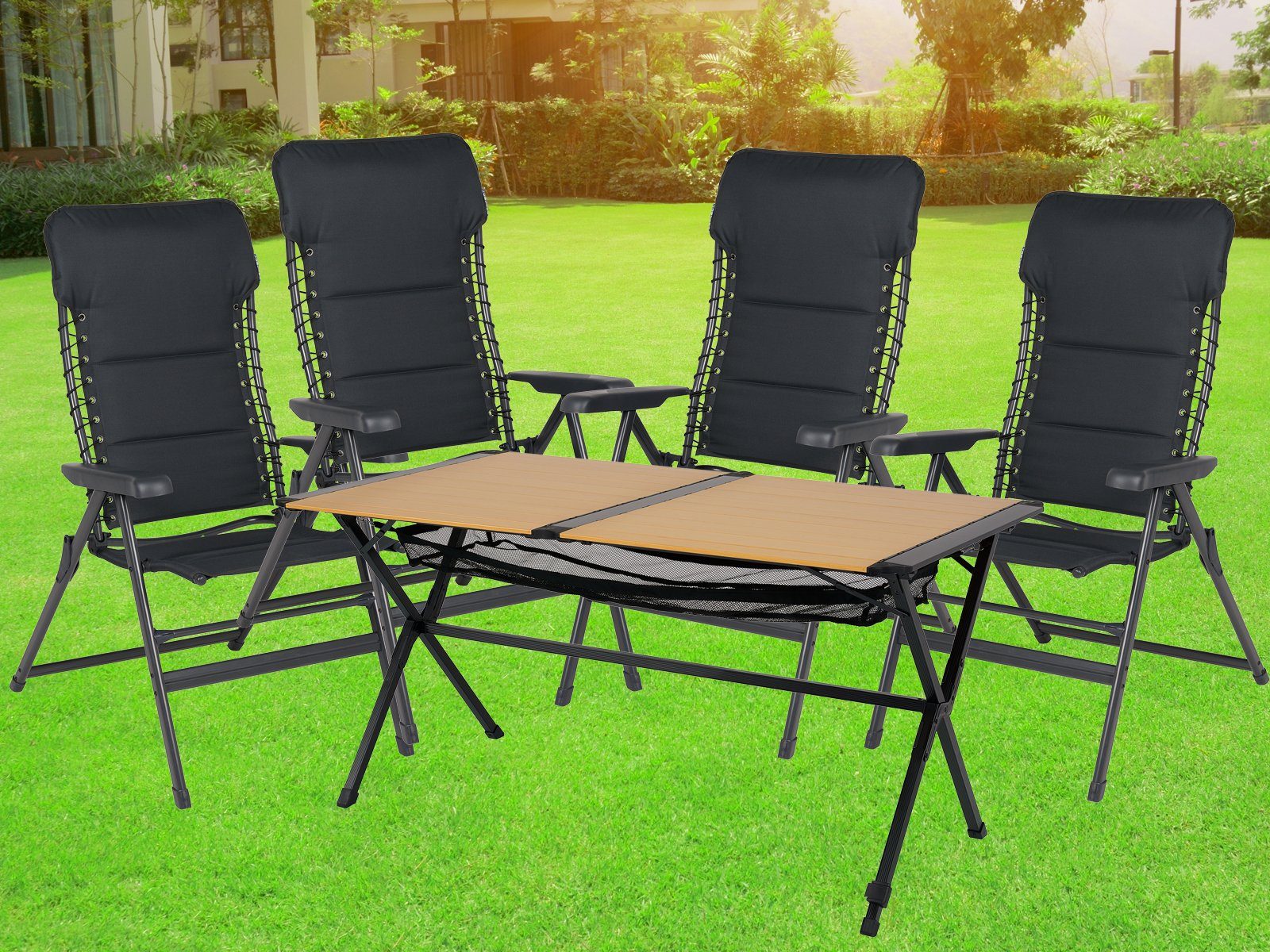 Setpoint Campingstuhl, Campingtisch mit 2 Stühlen Hochlehner klappbar  Outdoor-Tisch Rolltisch, Gartentisch Staufach