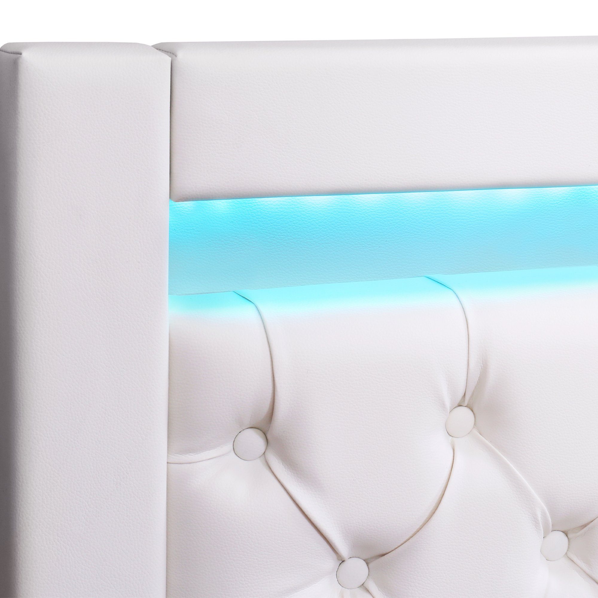 180x200cm Flieks Stauraum LED-Beleuchtung Polsterbett, Doppelbett weiß Kunstleder