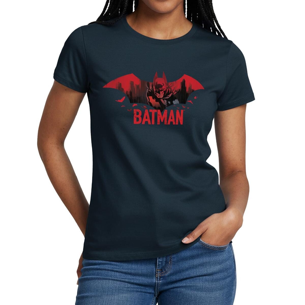 Spreadshirt T-Shirt Batman Mit Fledermäusen Und Rotem Batman-Logo Frauen T-Shirt (1-tlg)