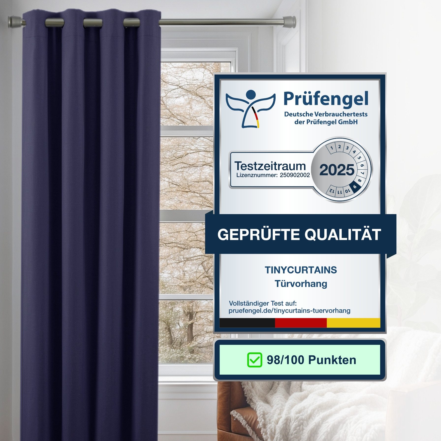 tinycurtains Türvorhang mit Stange silber 55-90 cm ohne Bohren, Thermo Vorhang mit Magneten, Ösen, abdunkelnd, Polyester, blickdicht, dunkelblau Ocean, Türgardine mit Klemmstange, verdunkelnd
