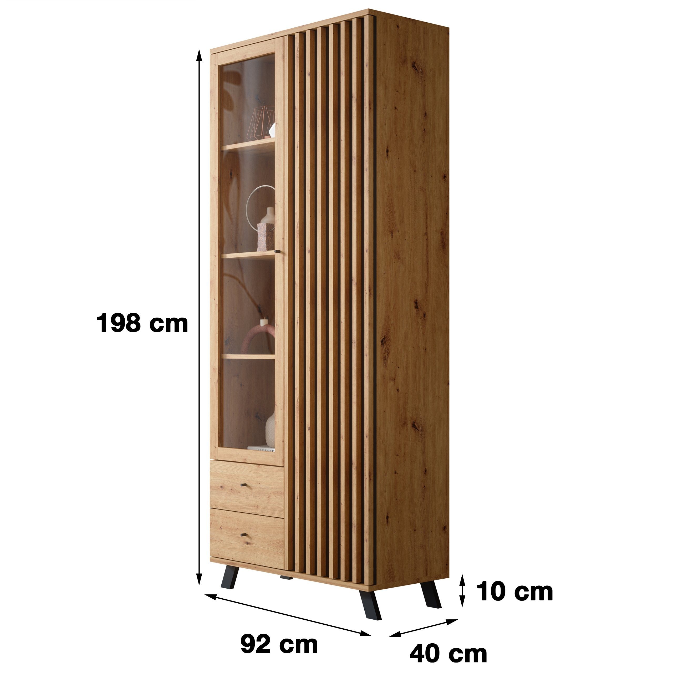 Newroom Vitrine Wildeiche 92 cm Wandpaneel Wildeiche Anthrazit Modern Vitrinenschrank Glasvitrine