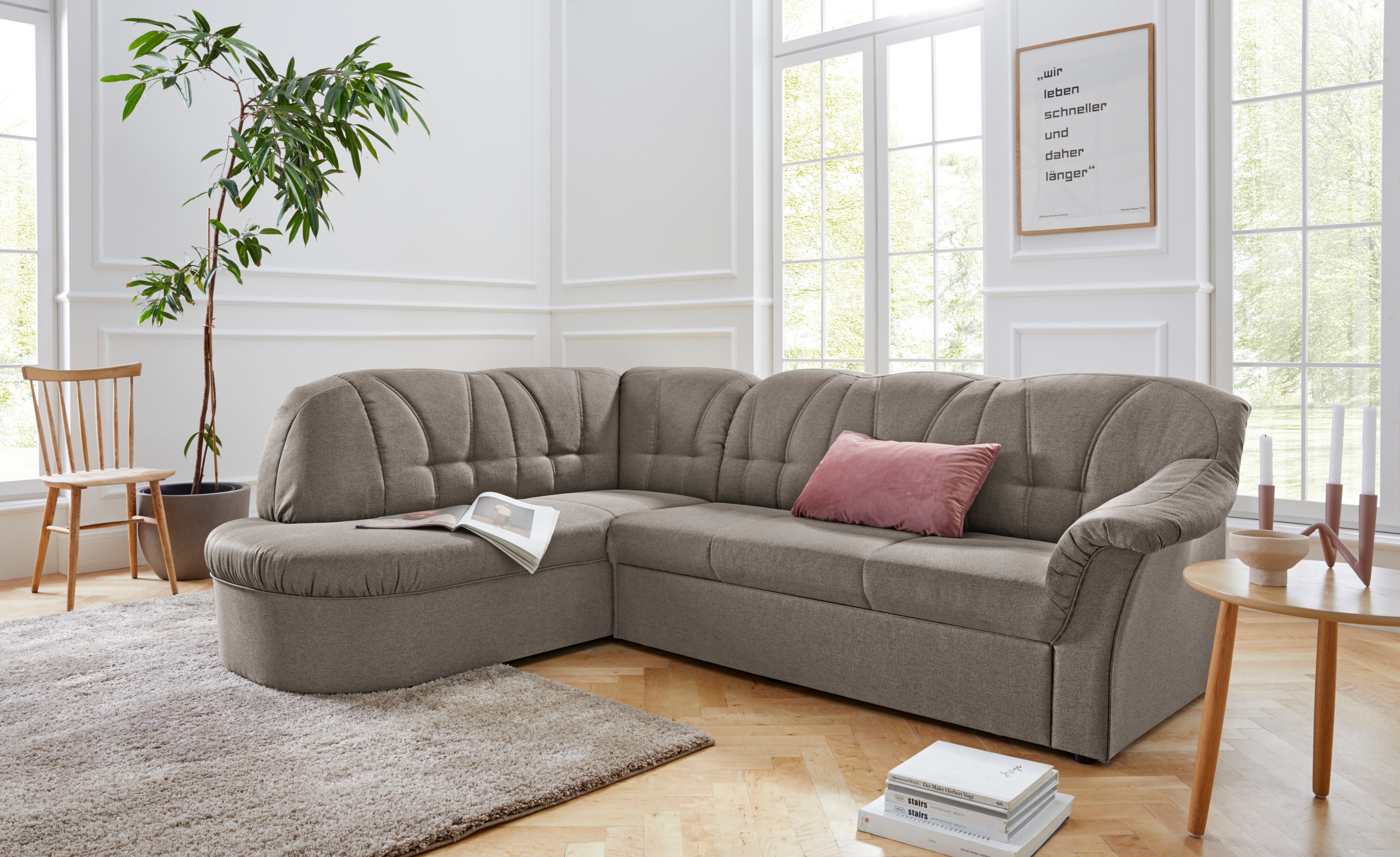 DOMO collection Ecksofa Pegnitz, zeitlose und elegante Rückensteppung, Breite 246cm, L-Form, wahlweise mit Bettfunktion