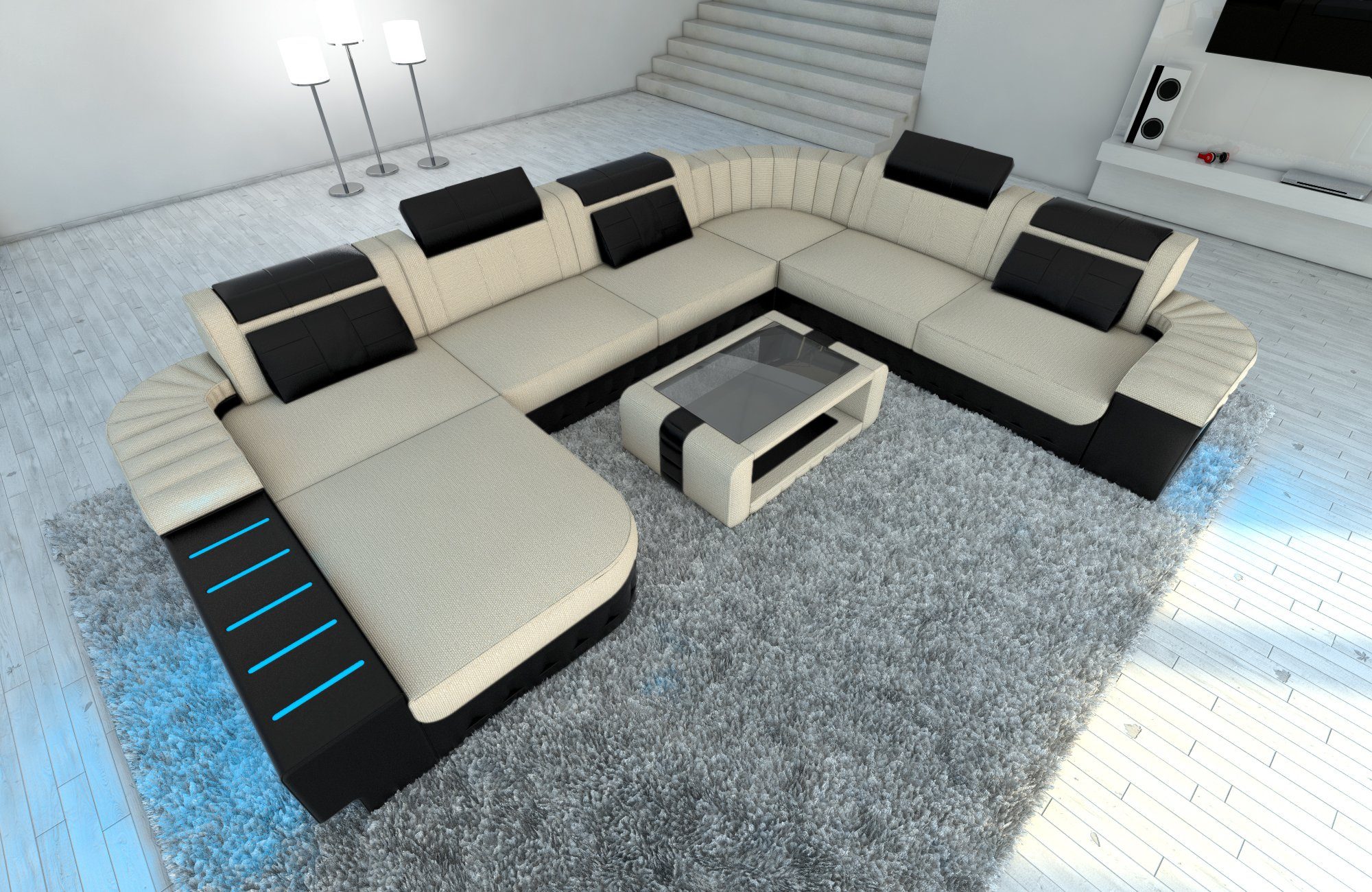 Stoff Elfenbein-Schwarz Couch H1 mit Form wahlweise LED, als Designersofa Bellagio U Dreams Stoffsofa, Polster Sofa Bettfunktion Wohnlandschaft Schlafsofa, mit Sofa XXL
