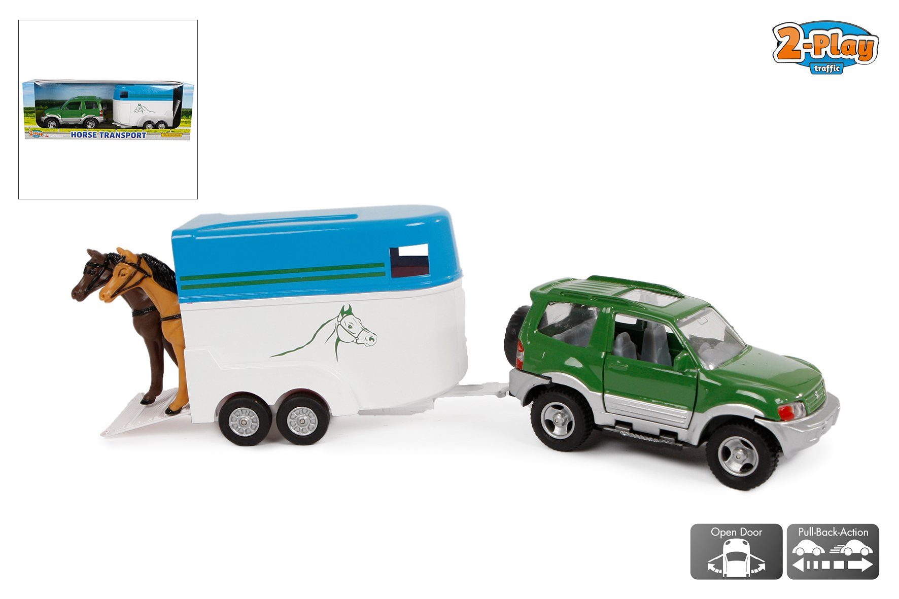 Kids Globe Spielwelt 2-Play Die Cast Geländewagen mit Pferdeanhänger inkl.  2 Pferde, Auto