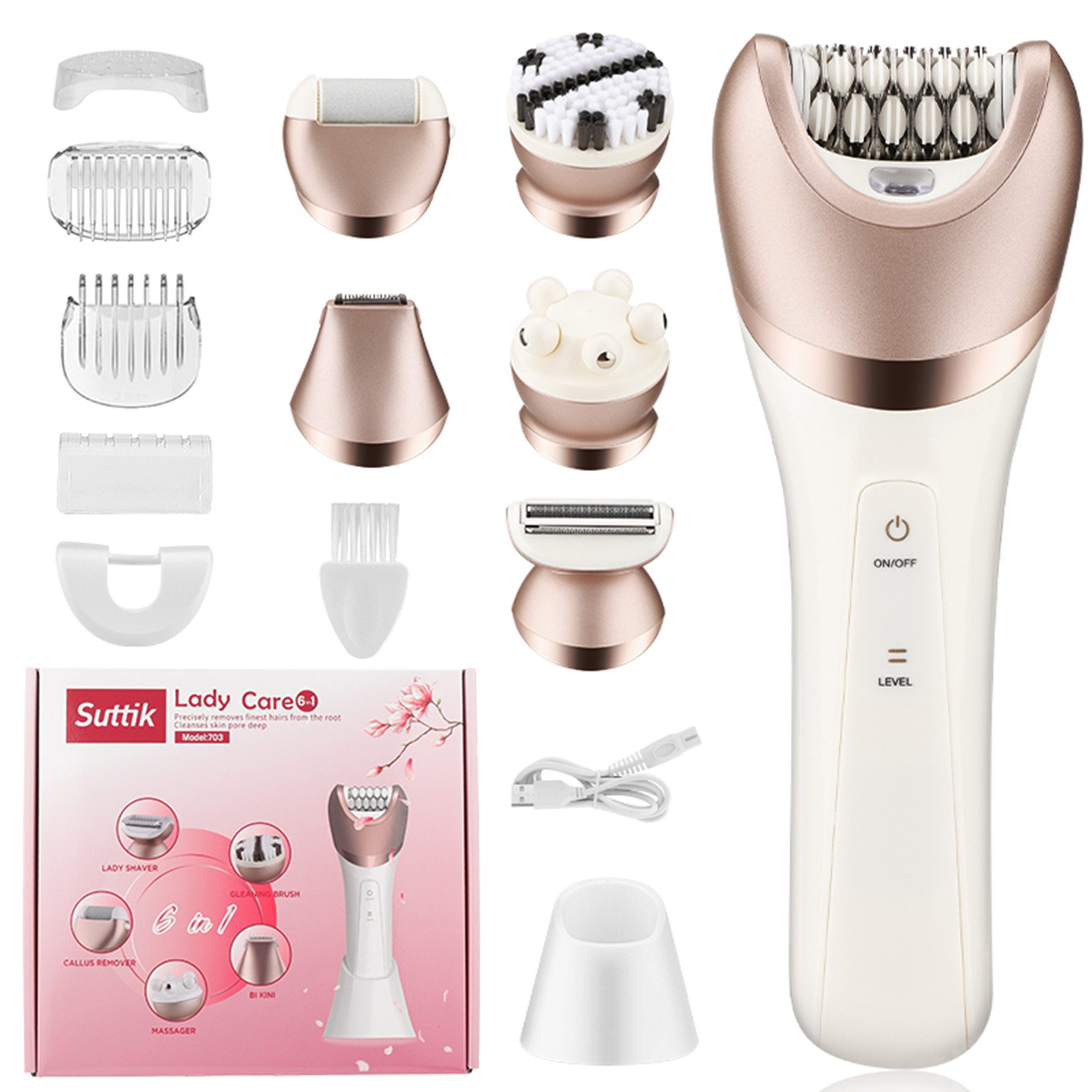 ibettertec Epilierer Epilierer Damen,6-in-1 Epilierer für Damen Kabelloser, Nass und Trocken-Gesichtsepilierer mit Peelingbürste,Reinigungsbürste,Massagekopf IPX7 Wasserdicht,USB Wiederaufladbar und Tragbar